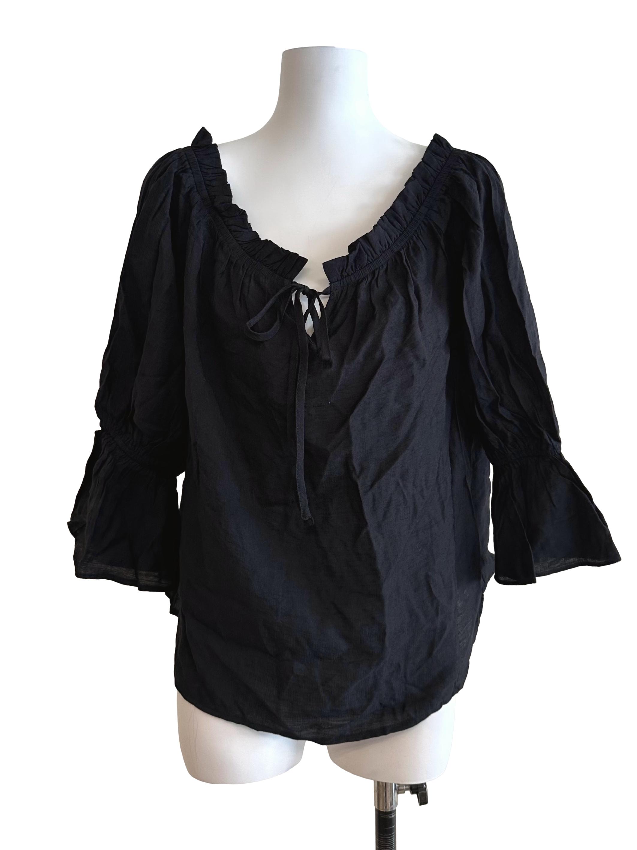 Onyx Black Ruffle V Neck Casual Top