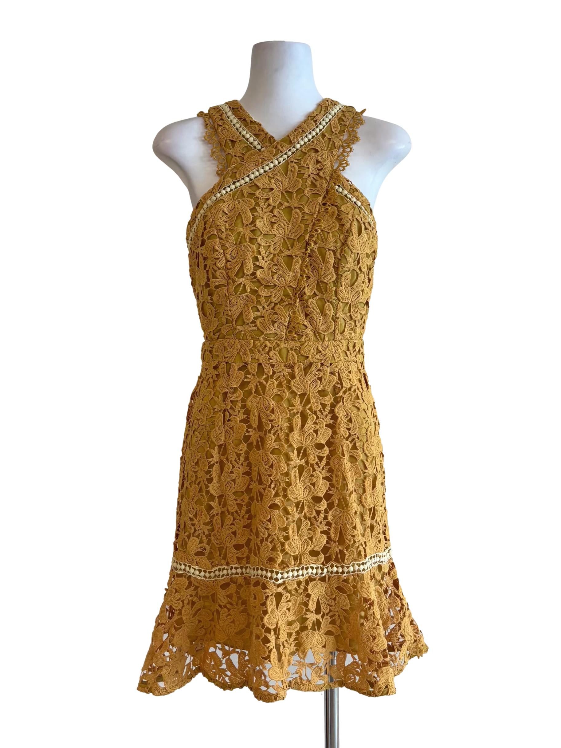 Corn Yellow Cross Neck Lace Dress