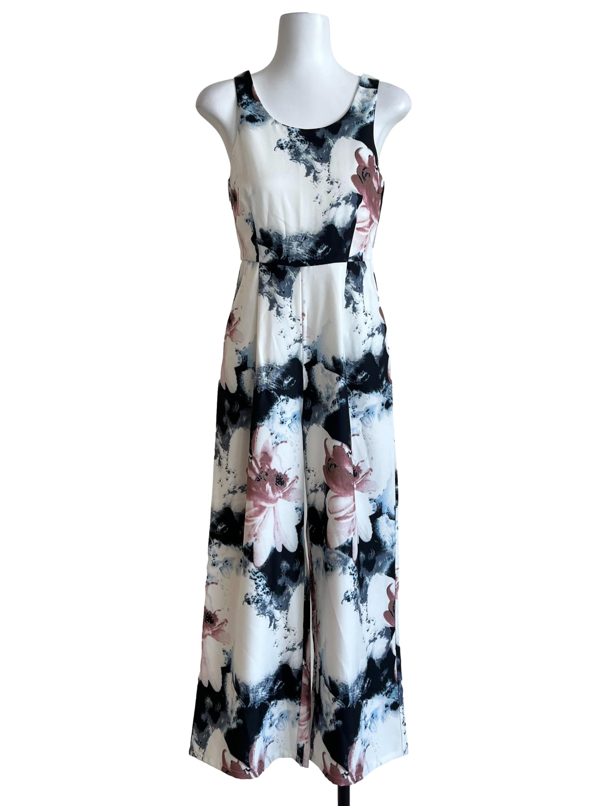 Powder White Floral Scoop Neck Jumpsuit