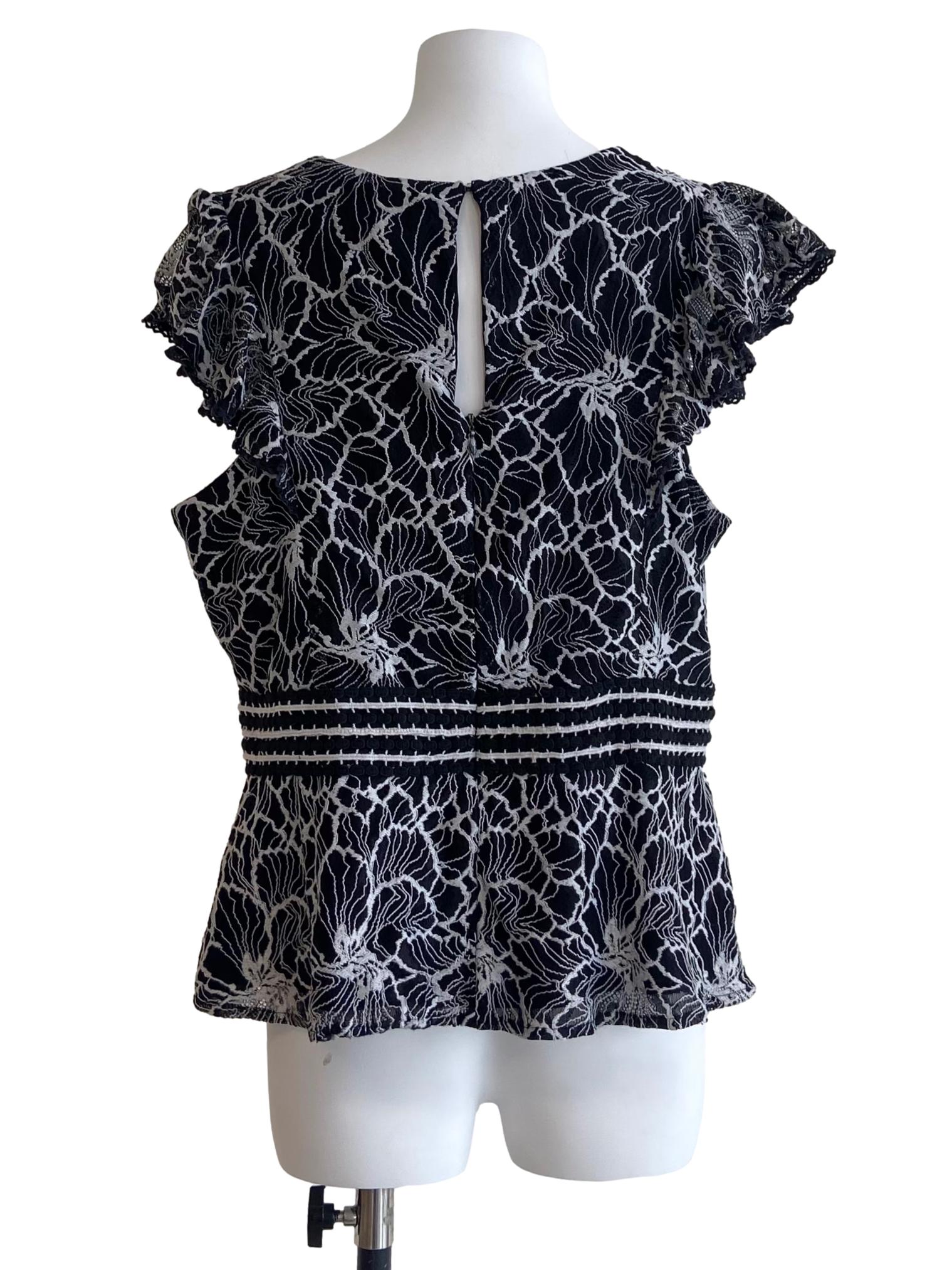Black V-Neck Floral Lace Peplum Top