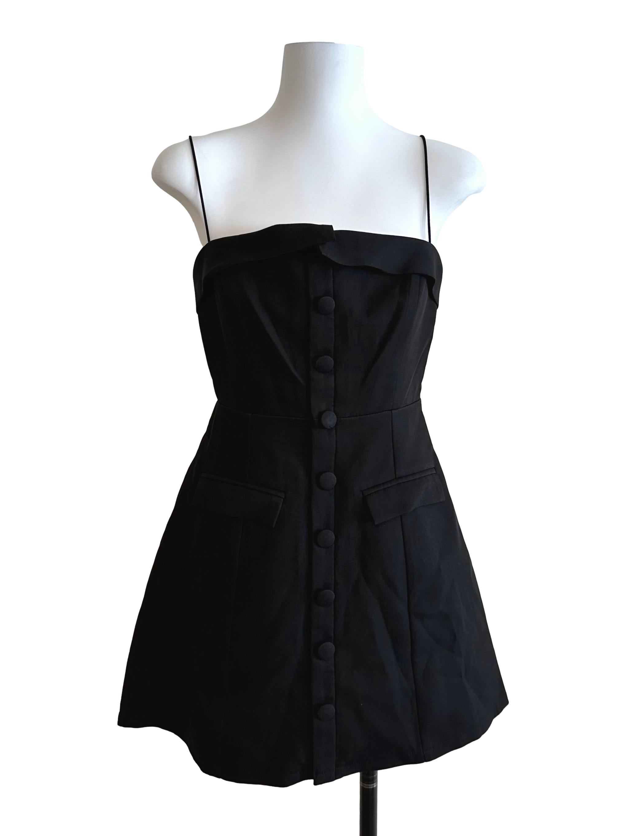 Raven Black Square Neck Button Spaghetti Strap Dress