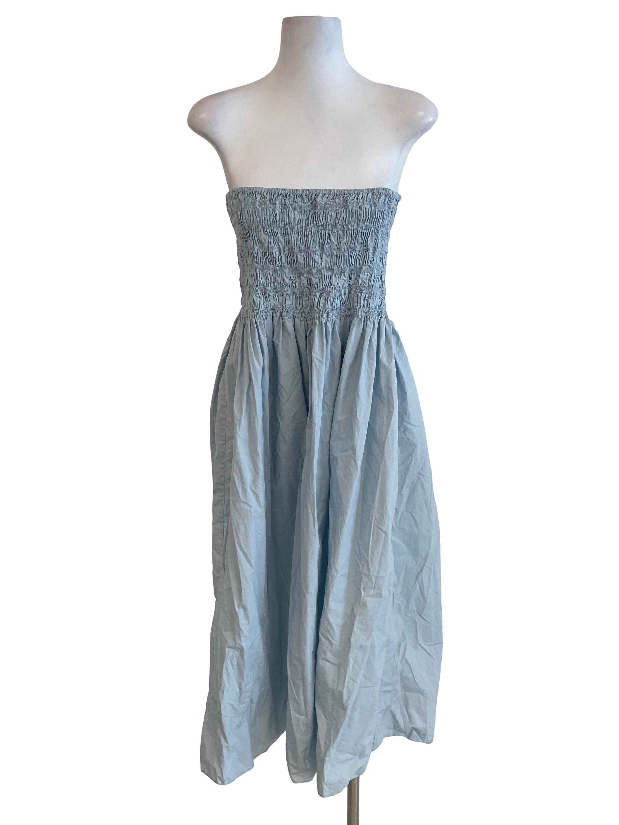 Dull Blue Strapless Shirred Dress