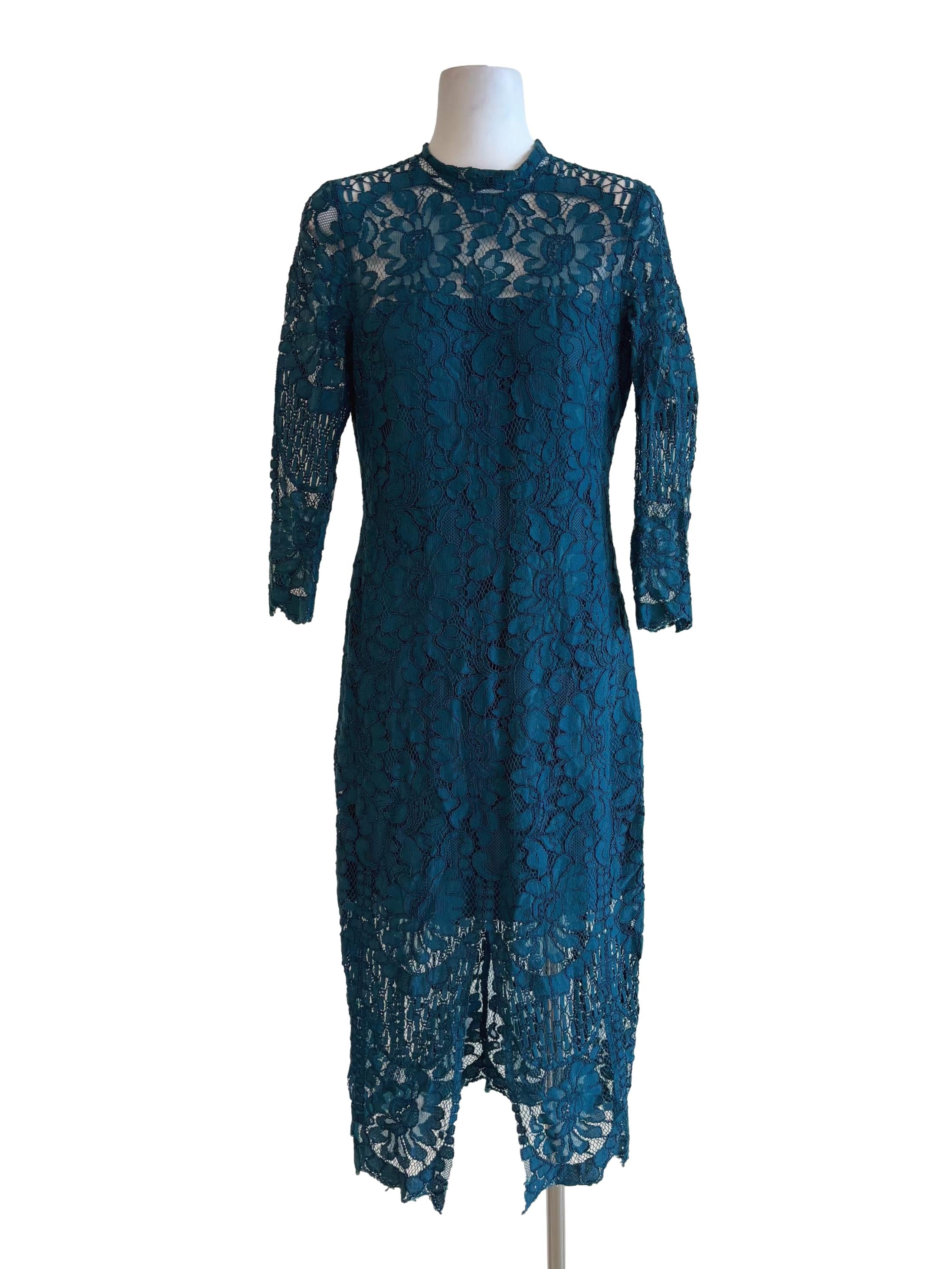 Turquoise Long Sleeve Pencil Lace Dress