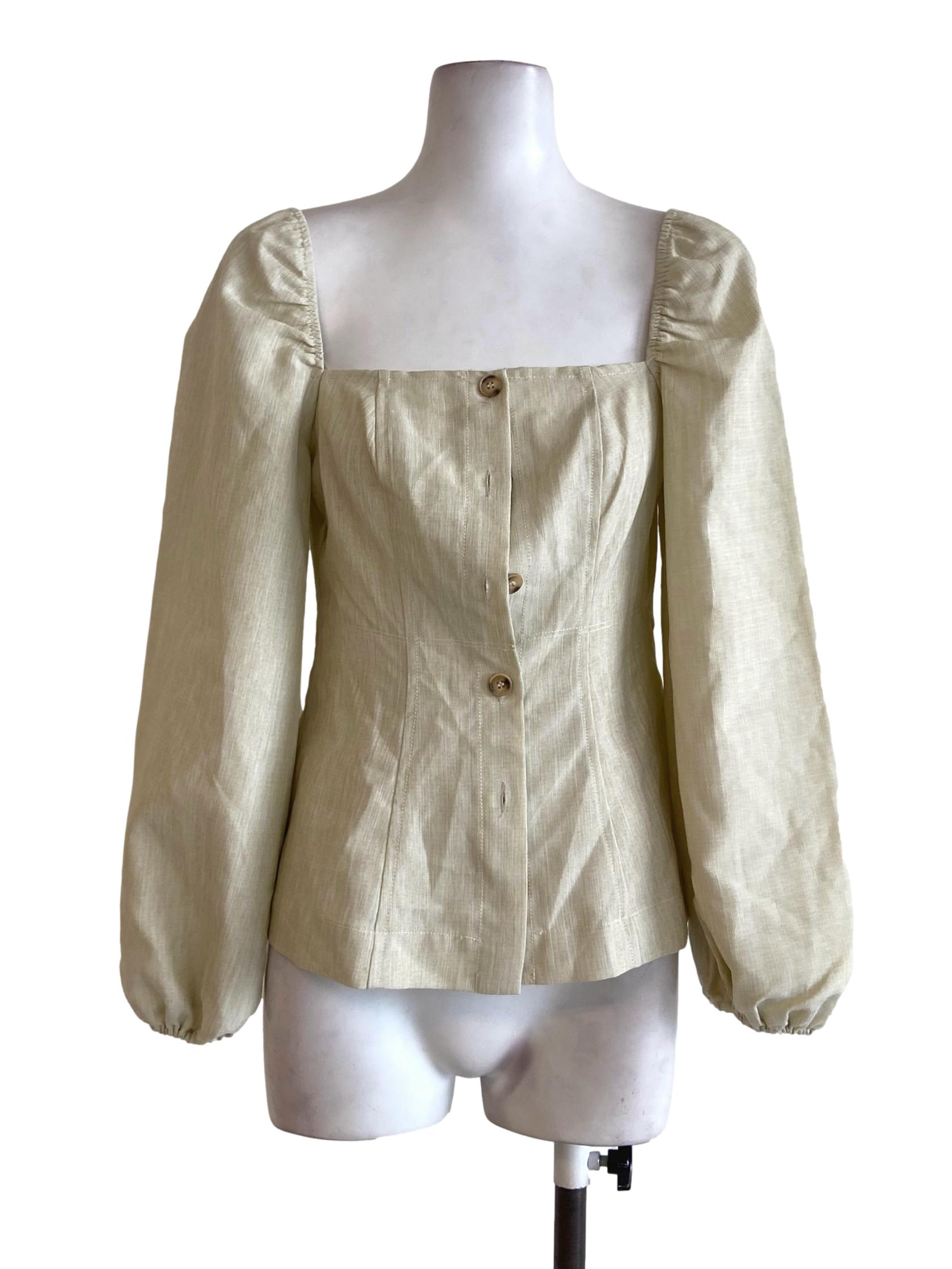 Chiffon Beige Button Down Leg Of Mutton Sleeve Blouse