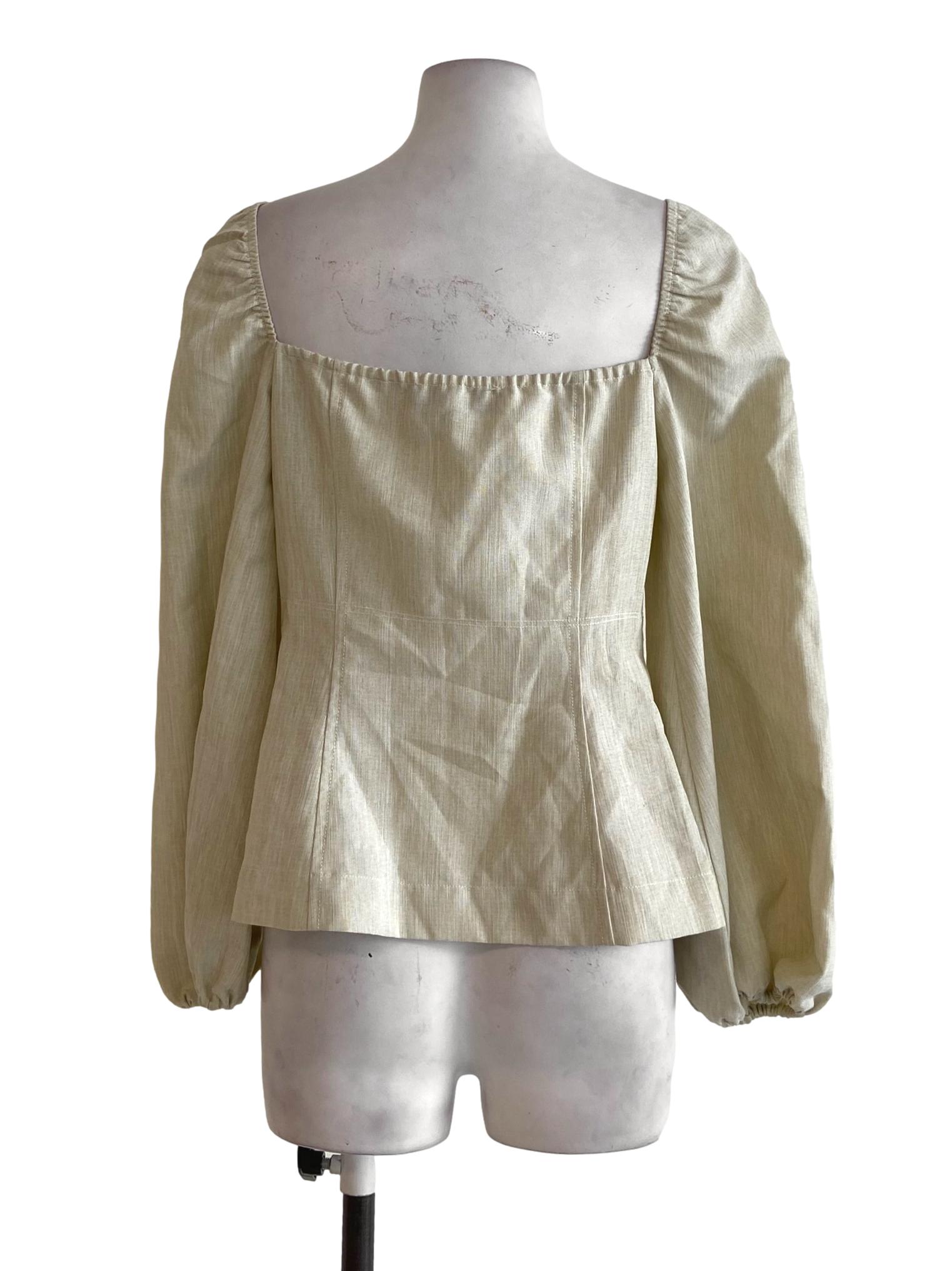Chiffon Beige Button Down Leg Of Mutton Sleeve Blouse
