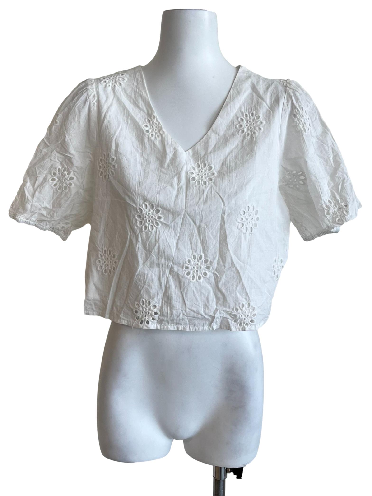Powder White Eyelet Crop Blouse