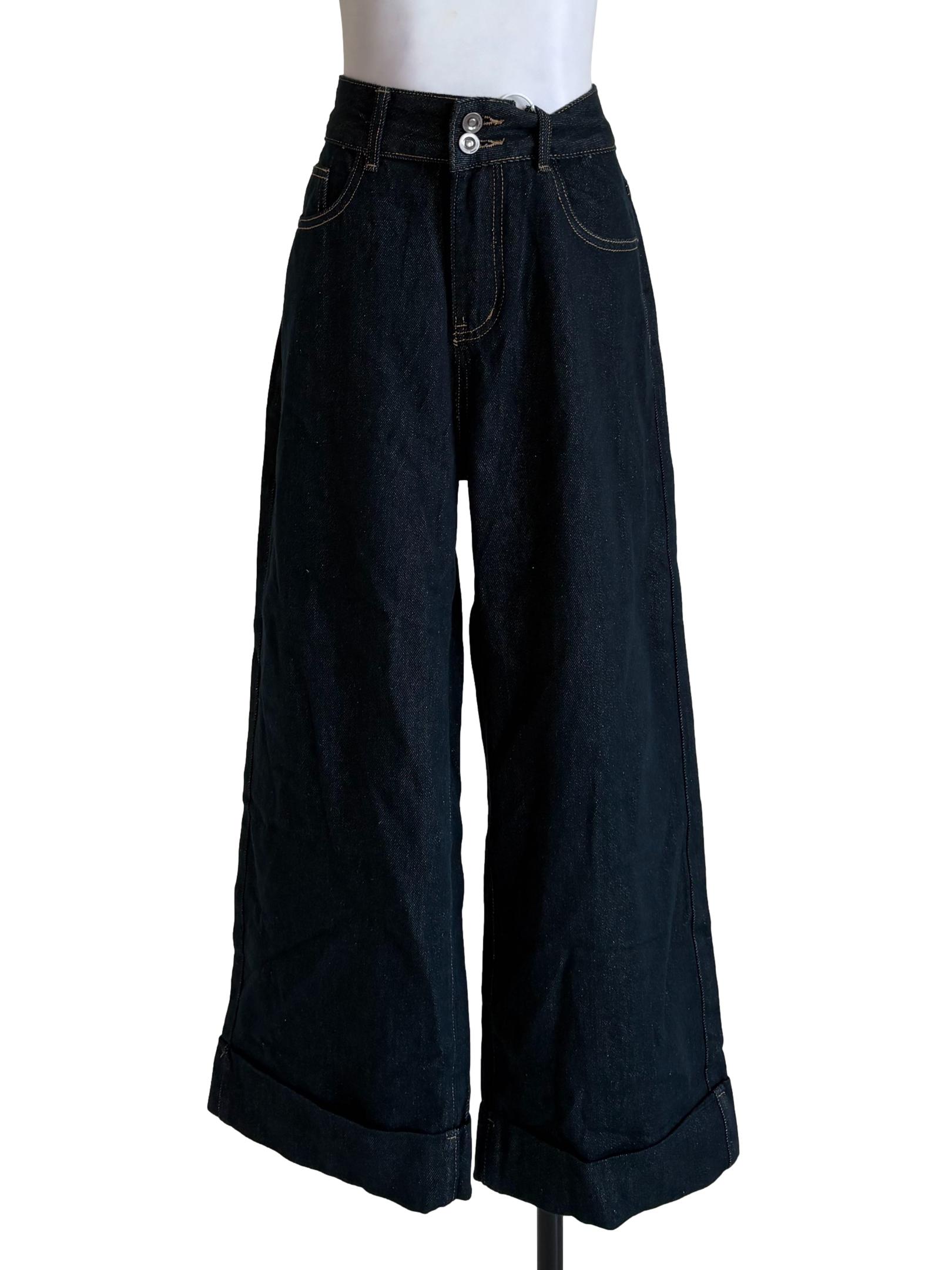 Peacock Blue Cuffed Wide Leg Jeans