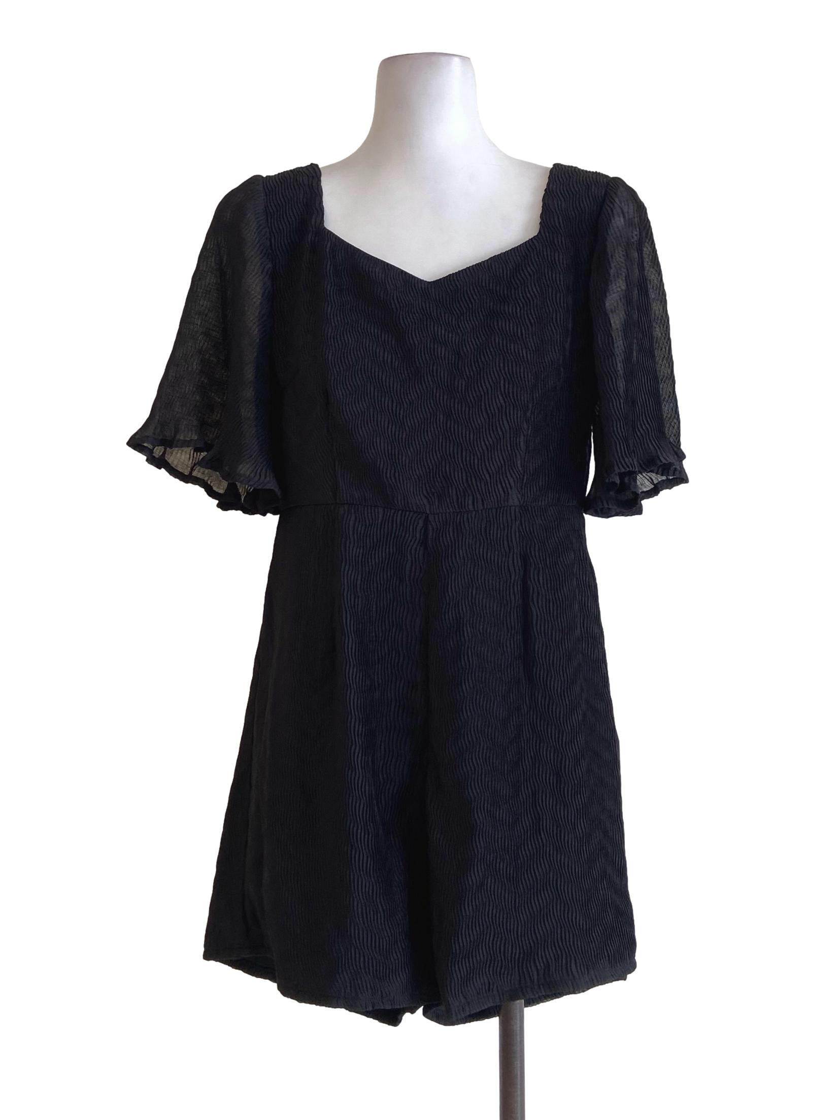 Black Sharkskin Texture Circular-Cap Sleeve Rompers
