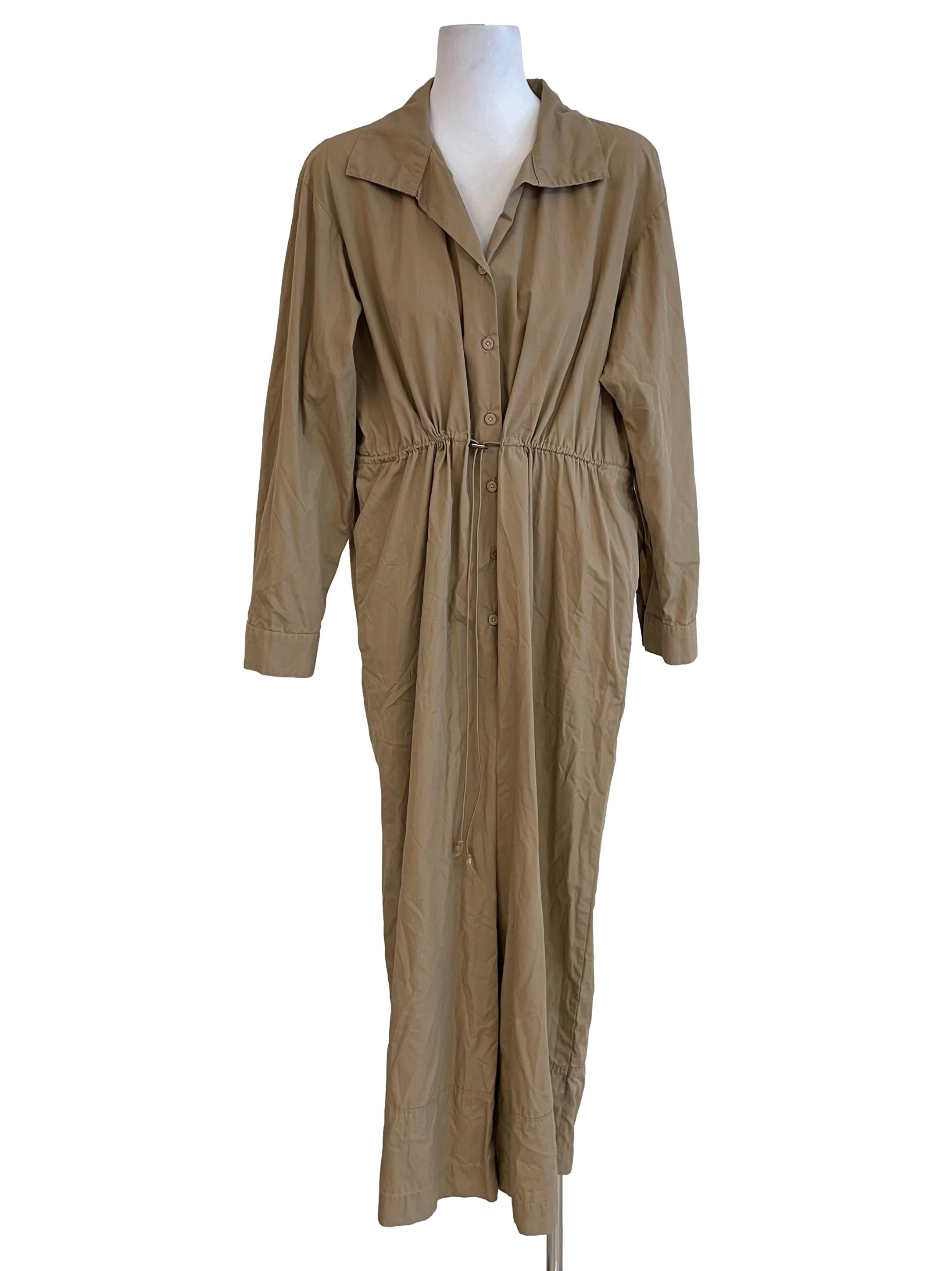 Khaki Tie String Baggy Shirt Jumpsuit