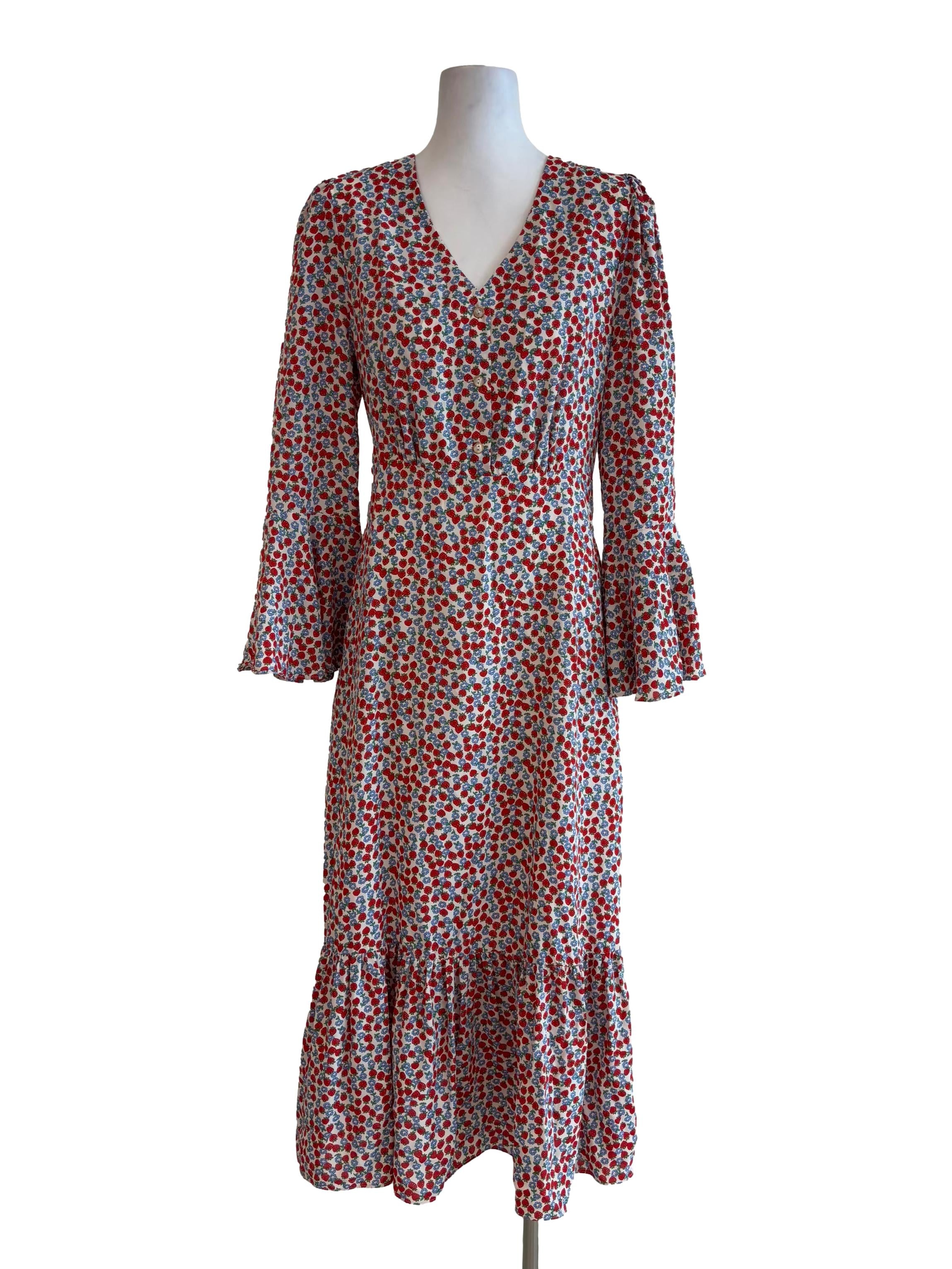 Strawberry Print Long Sleeve Drop Waist Dress