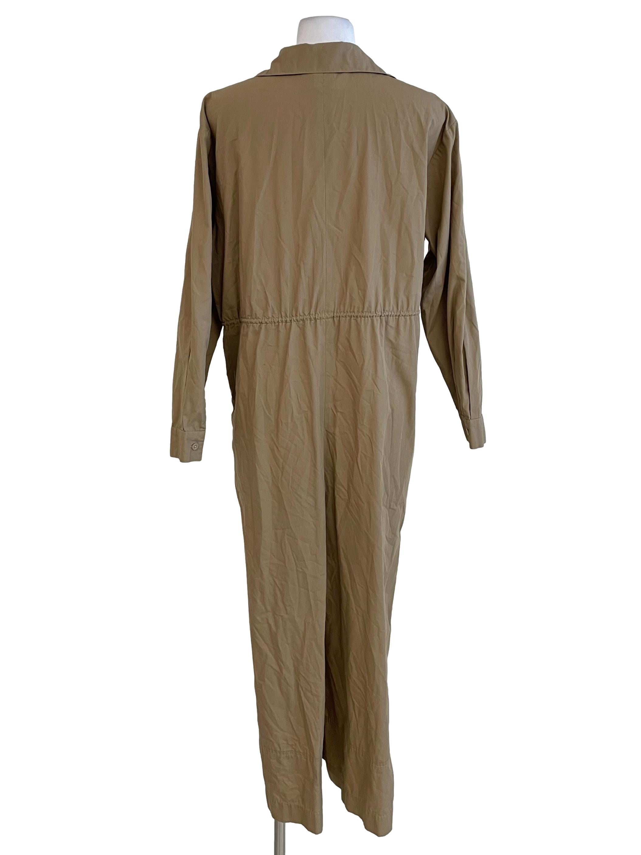 Khaki Tie String Baggy Shirt Jumpsuit