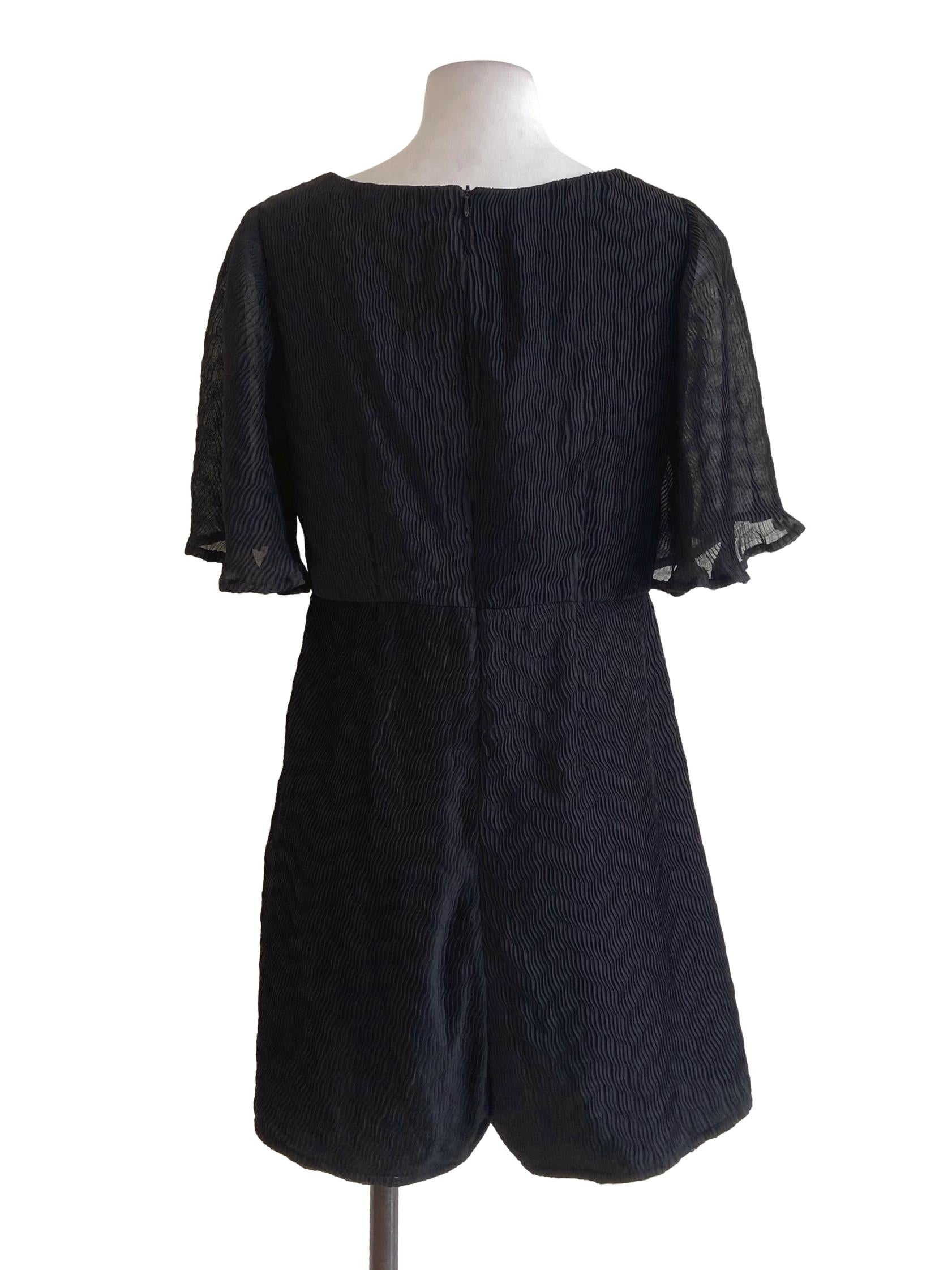 Black Sharkskin Texture Circular-Cap Sleeve Rompers