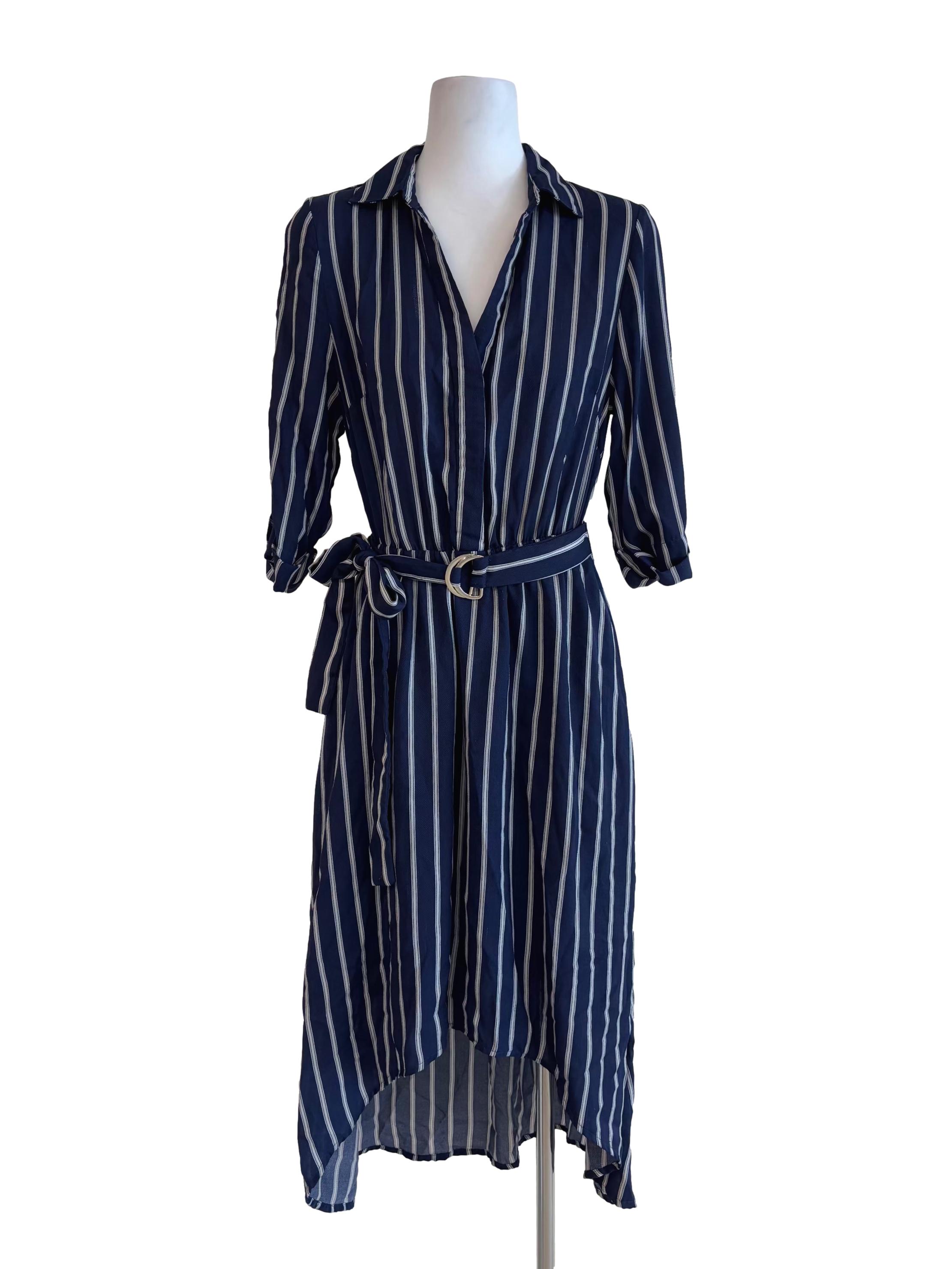 Navy Blue White Striped Shirt Dress