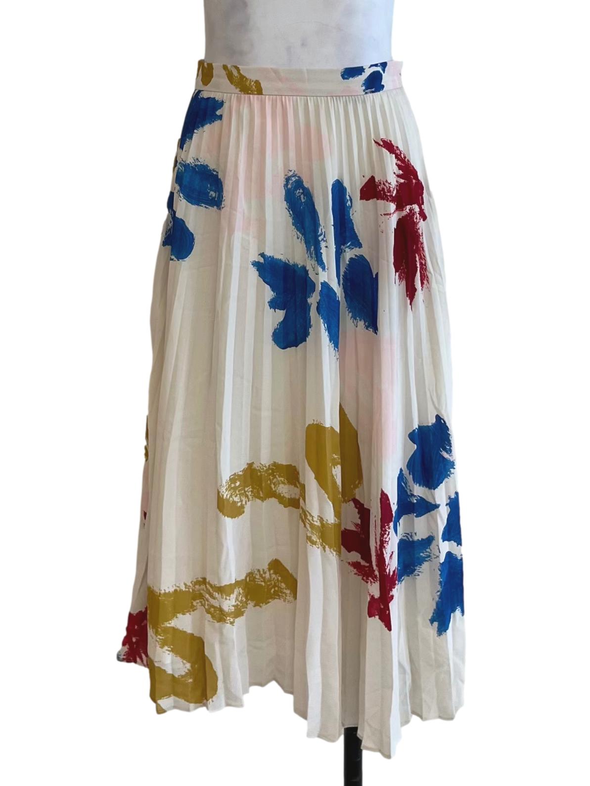 White Abstract Pleated Skirt