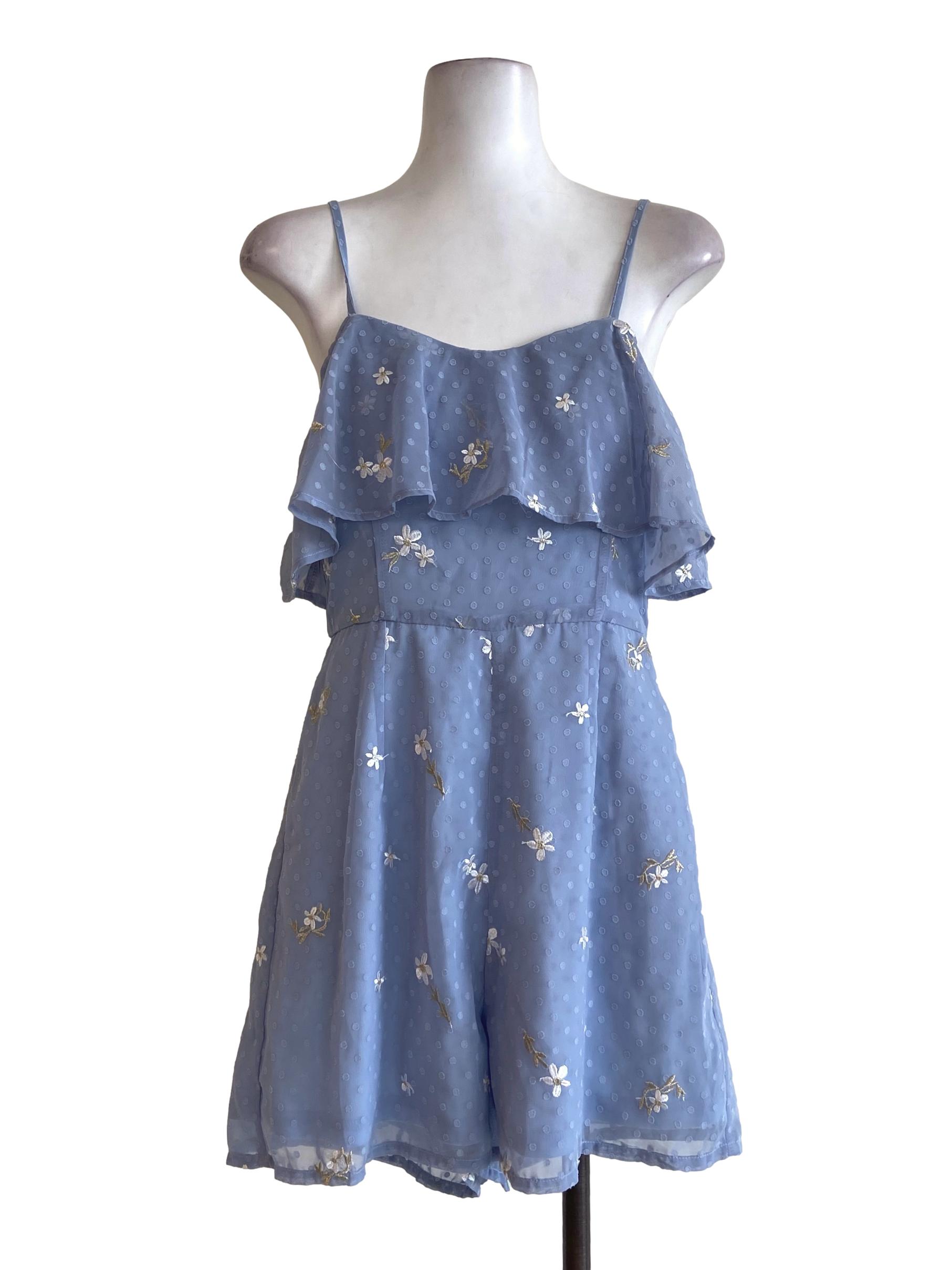 Sky Blue Dot & Floral Spaghetti Strap Rompers