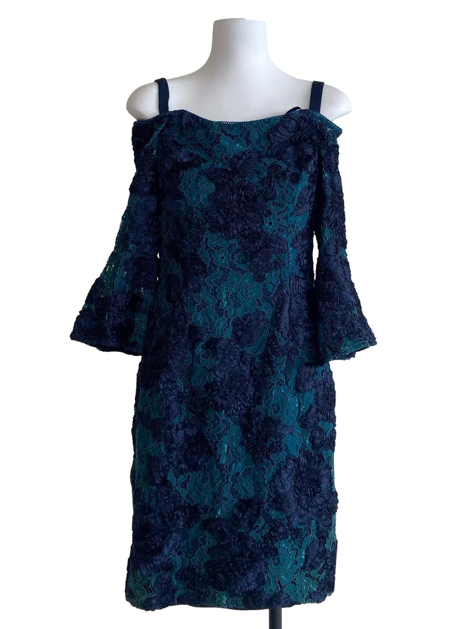 Navy Blue & Green Floral Lace A-Line Dress