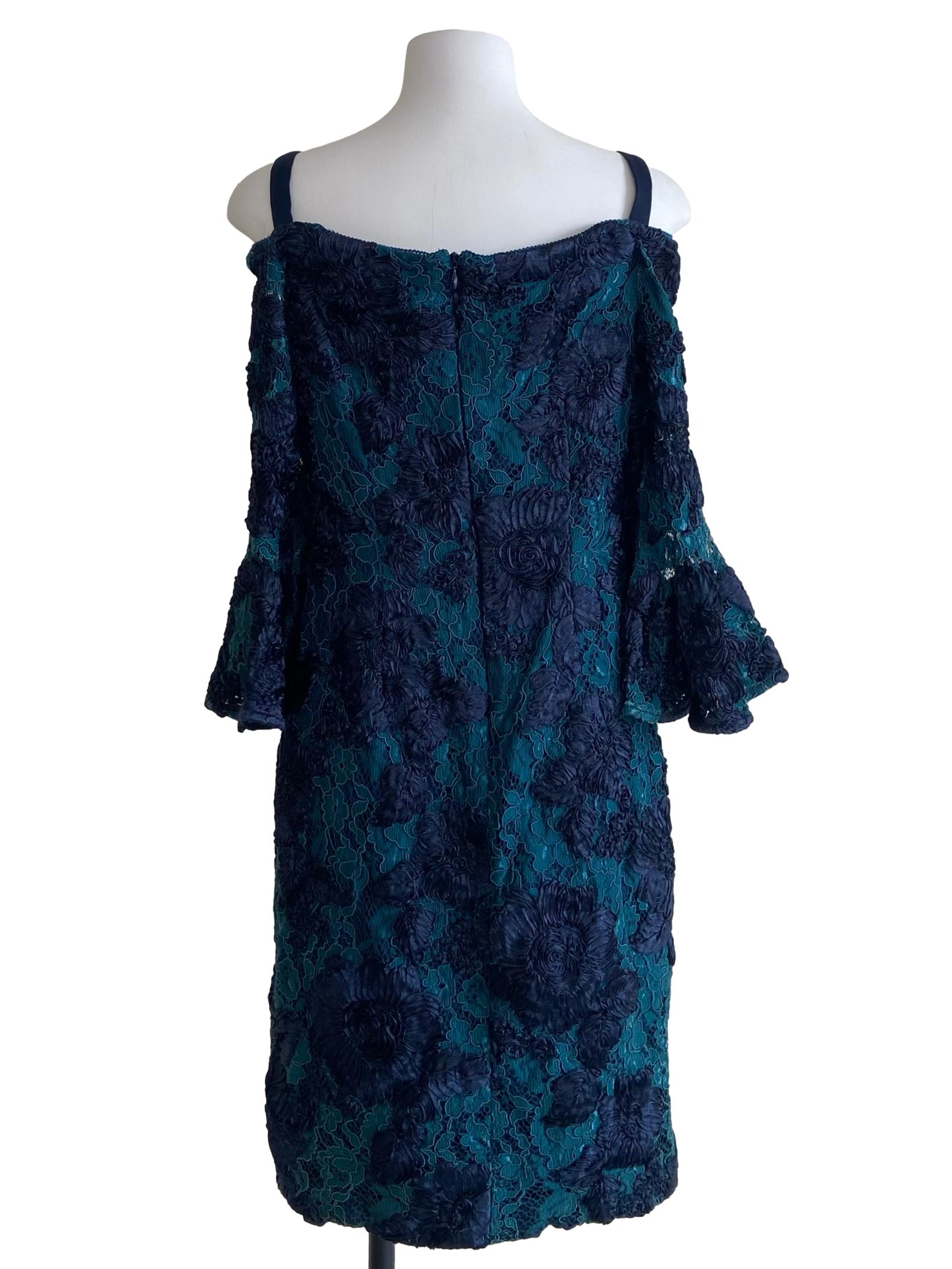 Navy Blue & Green Floral Lace A-Line Dress