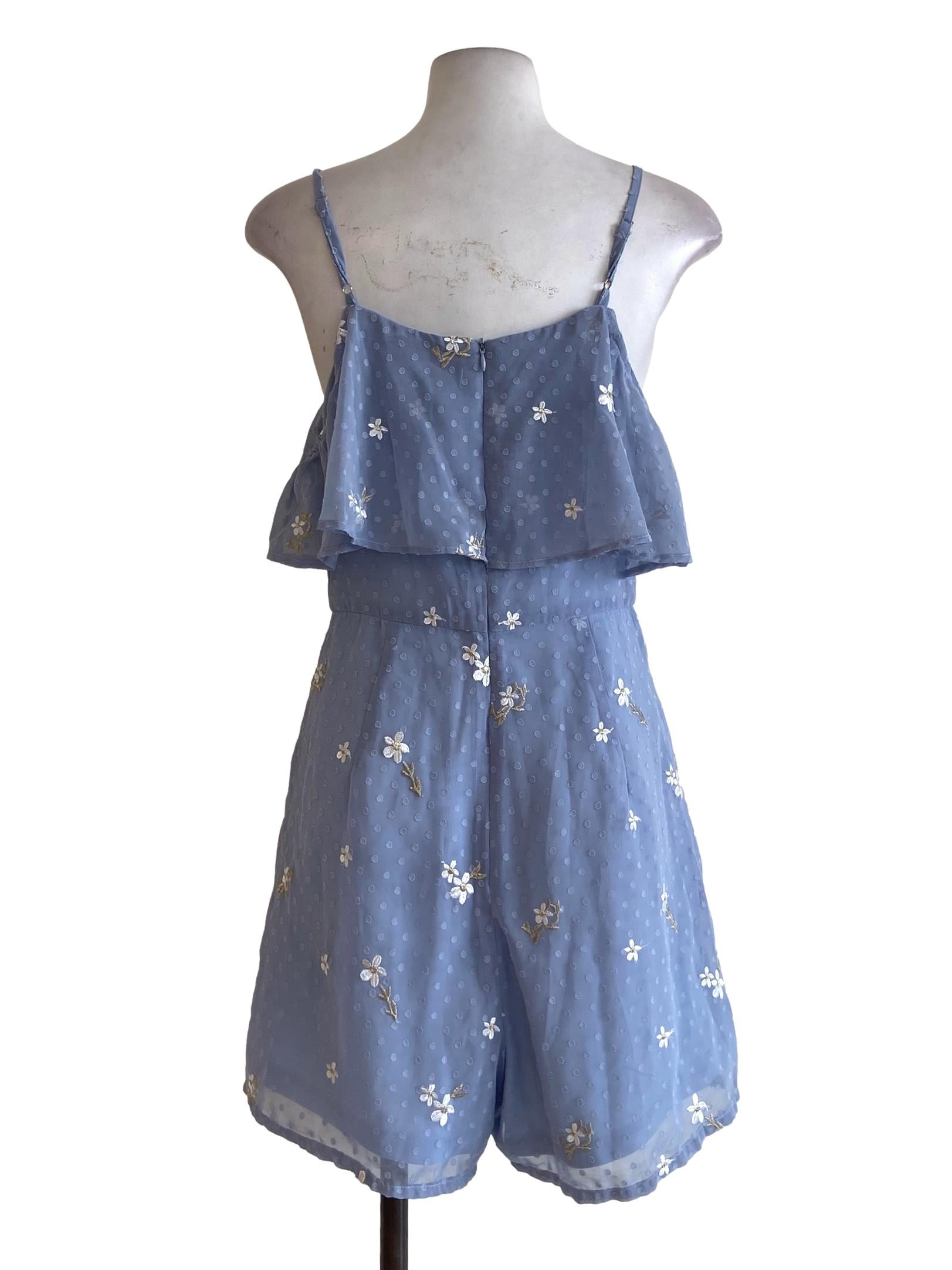 Sky Blue Dot & Floral Spaghetti Strap Rompers