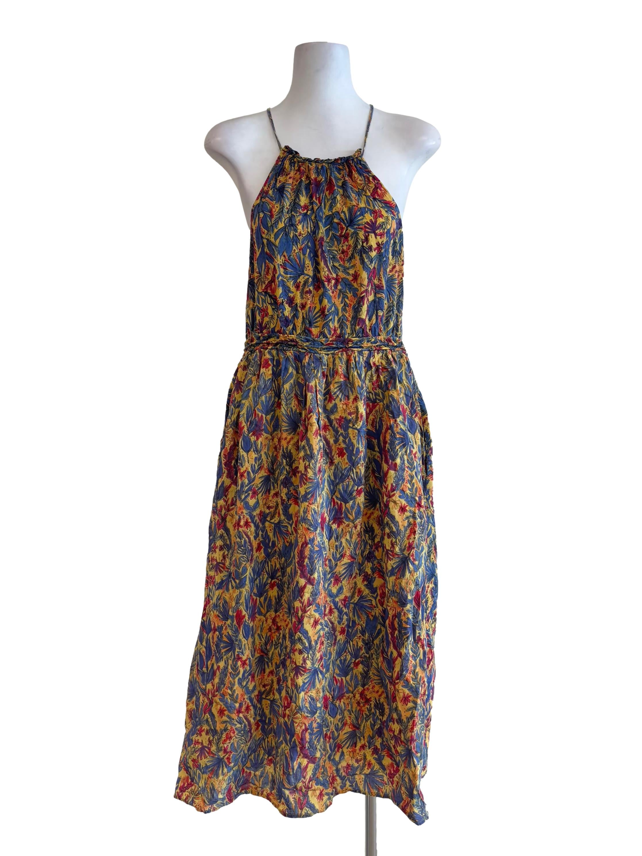 Honey Yellow Blue Printed Halter Dress