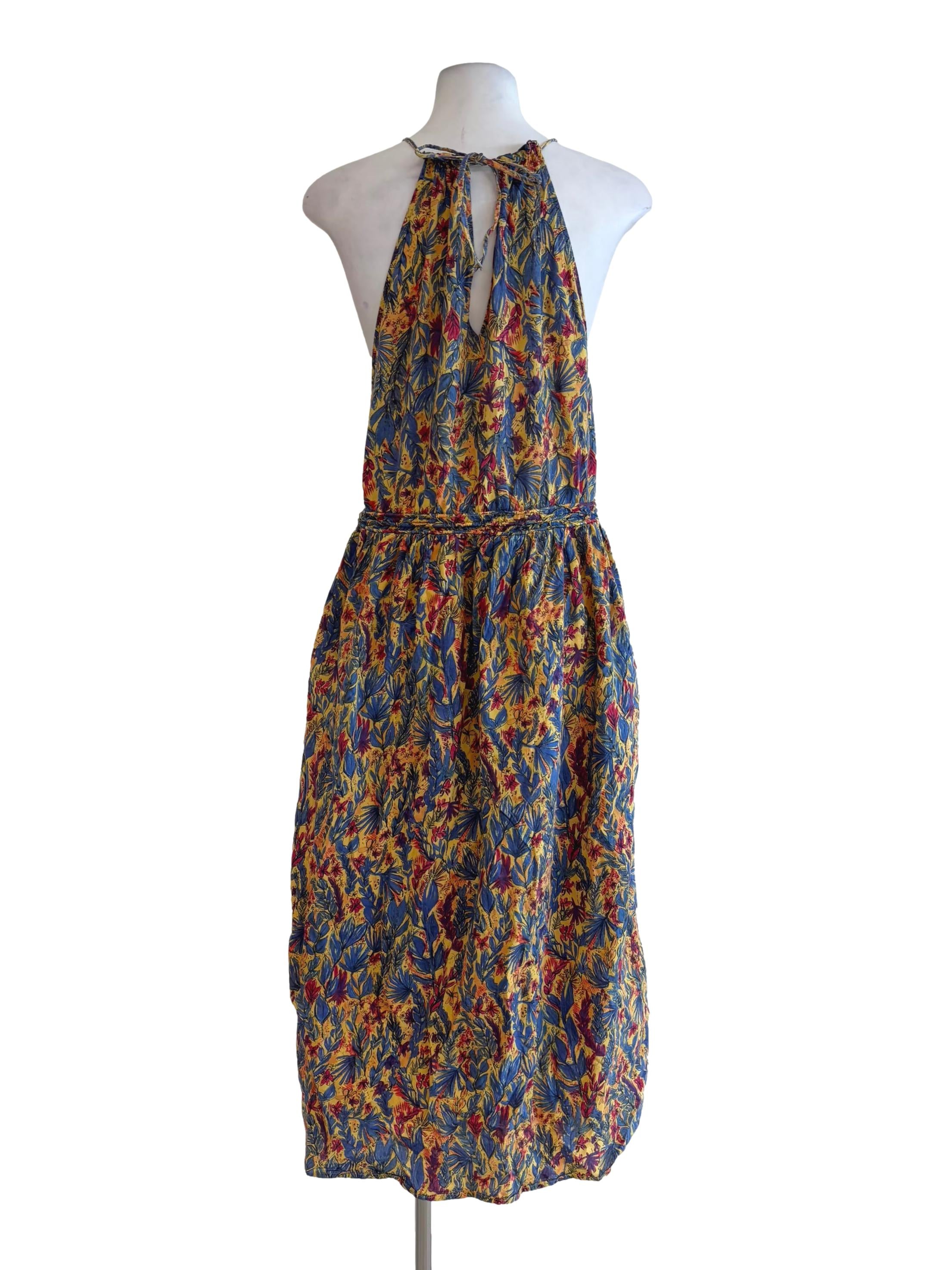 Honey Yellow Blue Printed Halter Dress