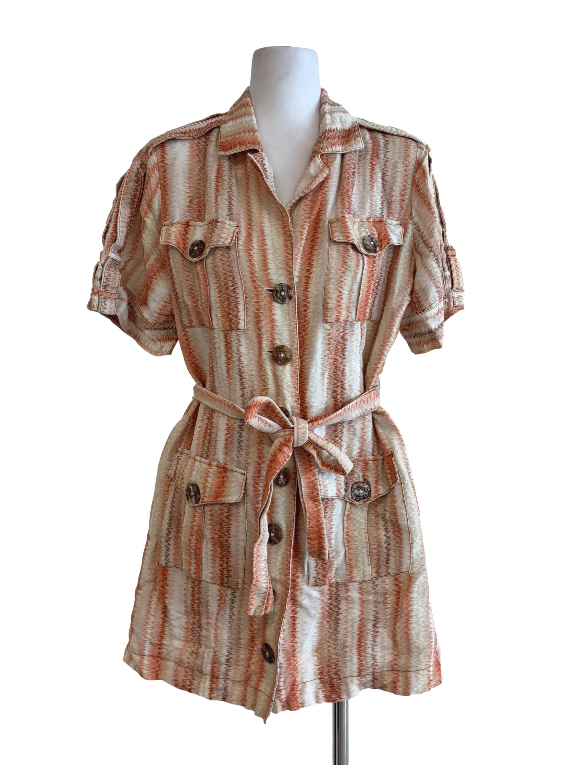Peach Patterned Short Sleeve Buttoned Dress