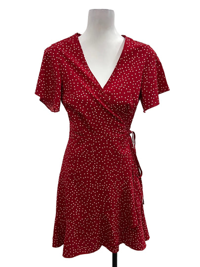 Red Polkadotted Ruffle Asymmetrical Wrap Dress