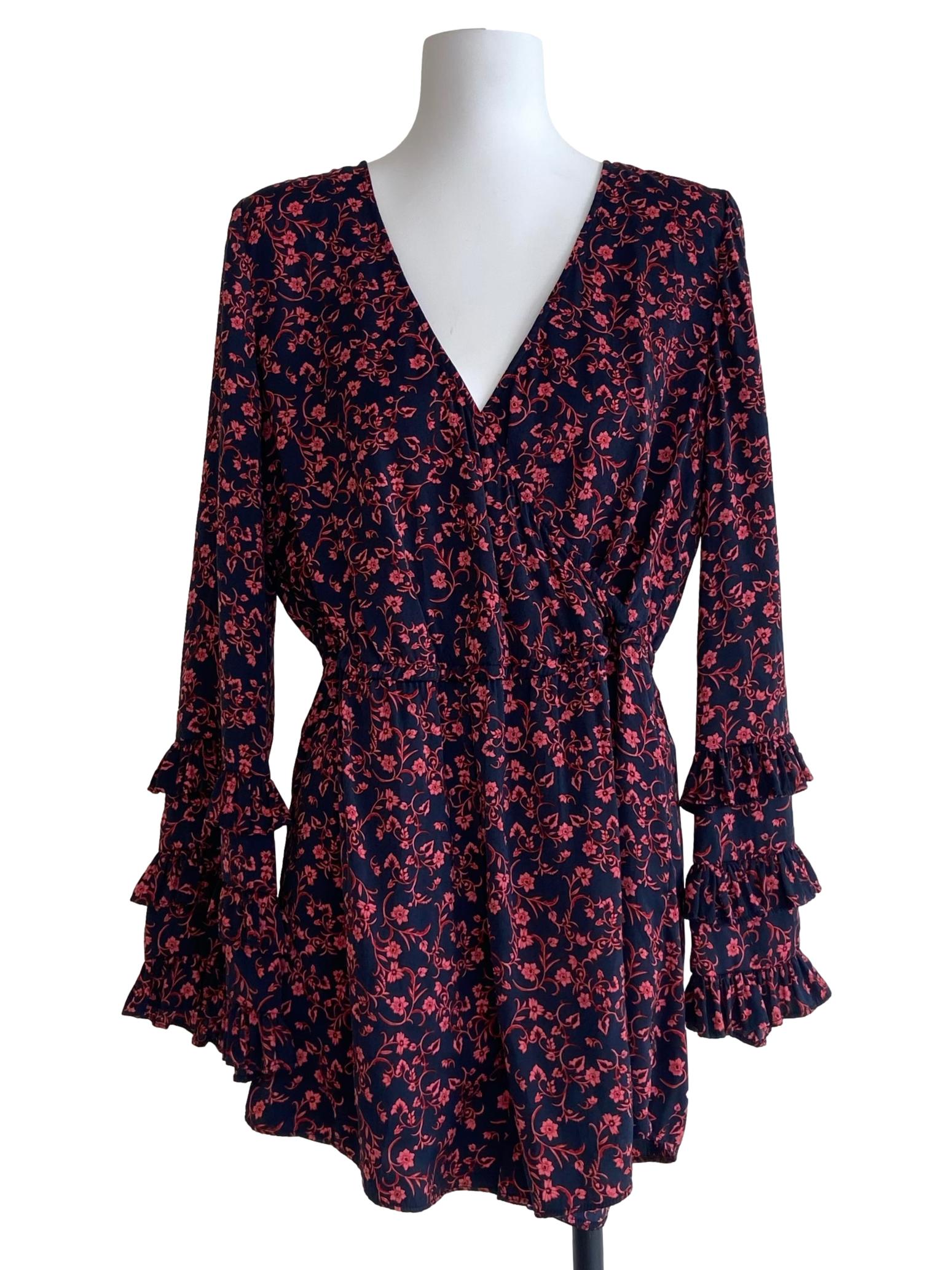 Navy Blue & Pink Floral V-Neck Romper