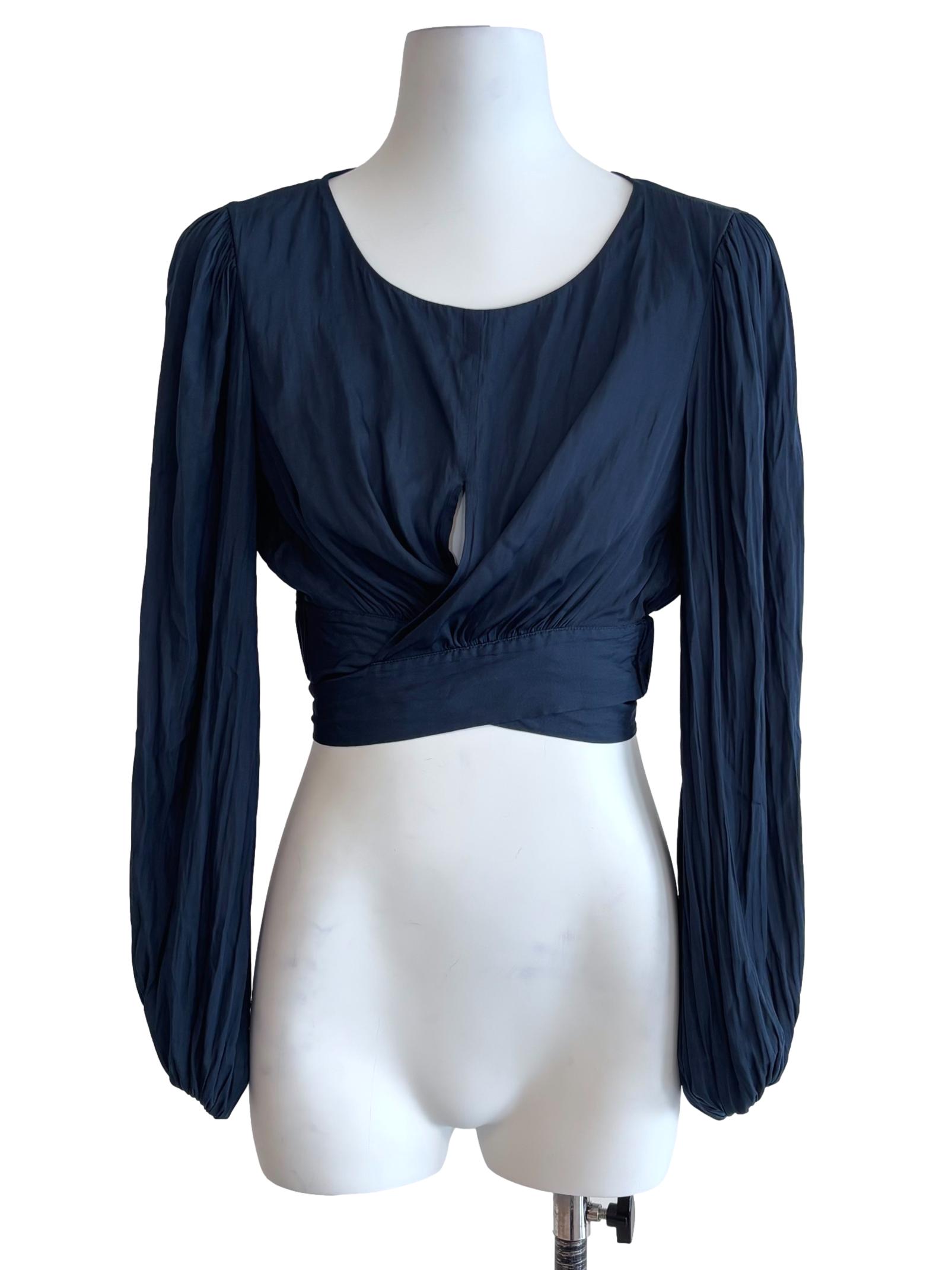 Dark Navy Long-Sleeve Wrap Crop Top
