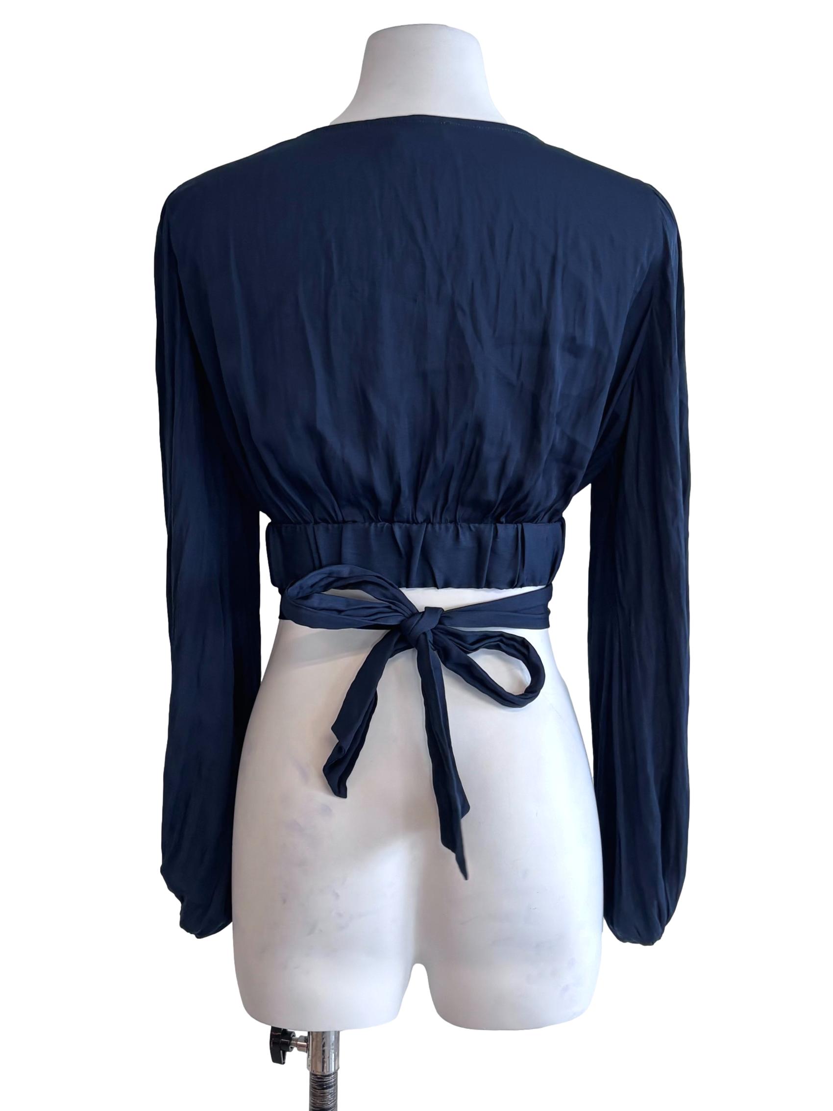 Dark Navy Long-Sleeve Wrap Crop Top