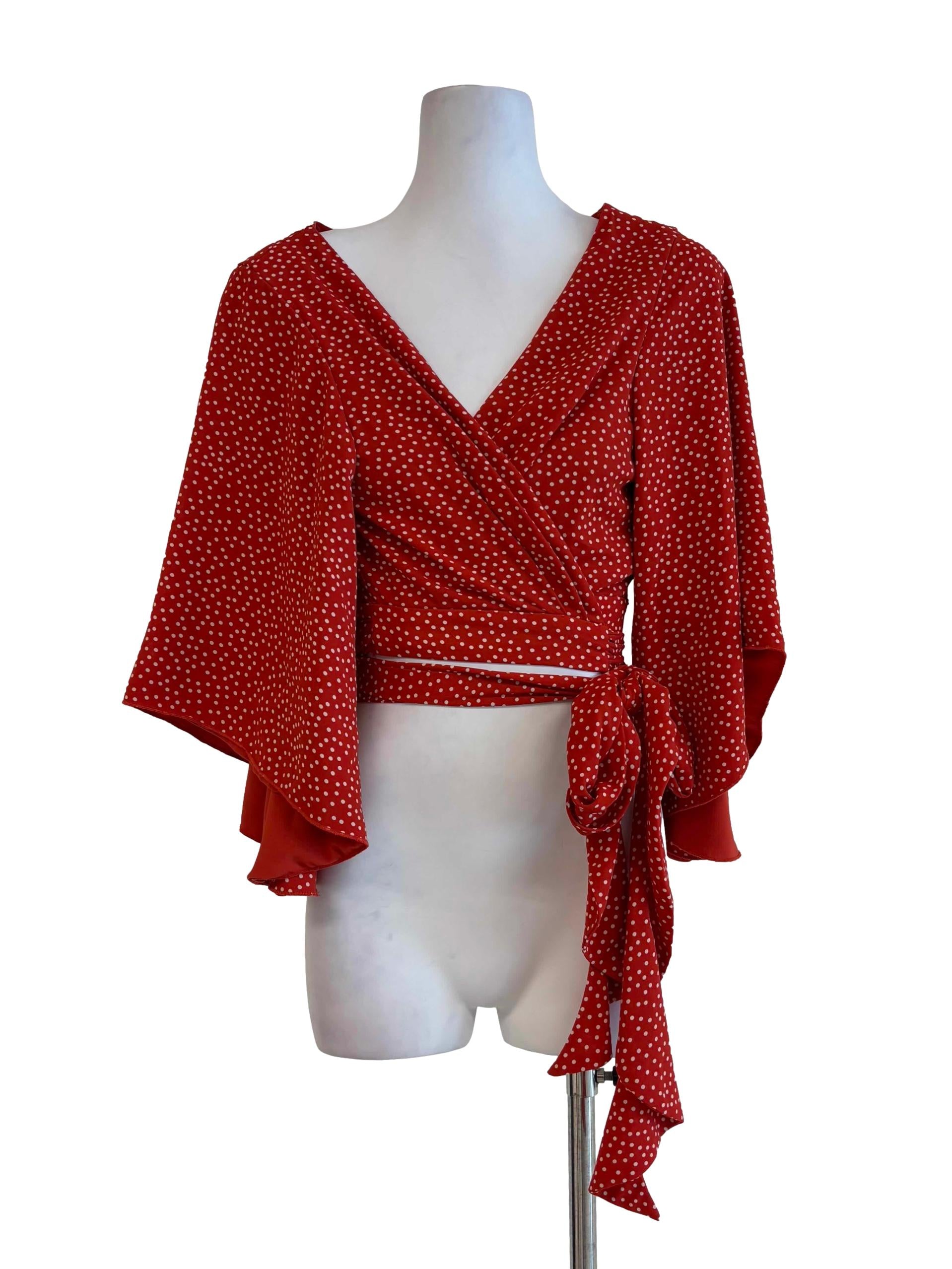 Scarlet Red Bell Sleeve Polka Dot Wrap Top