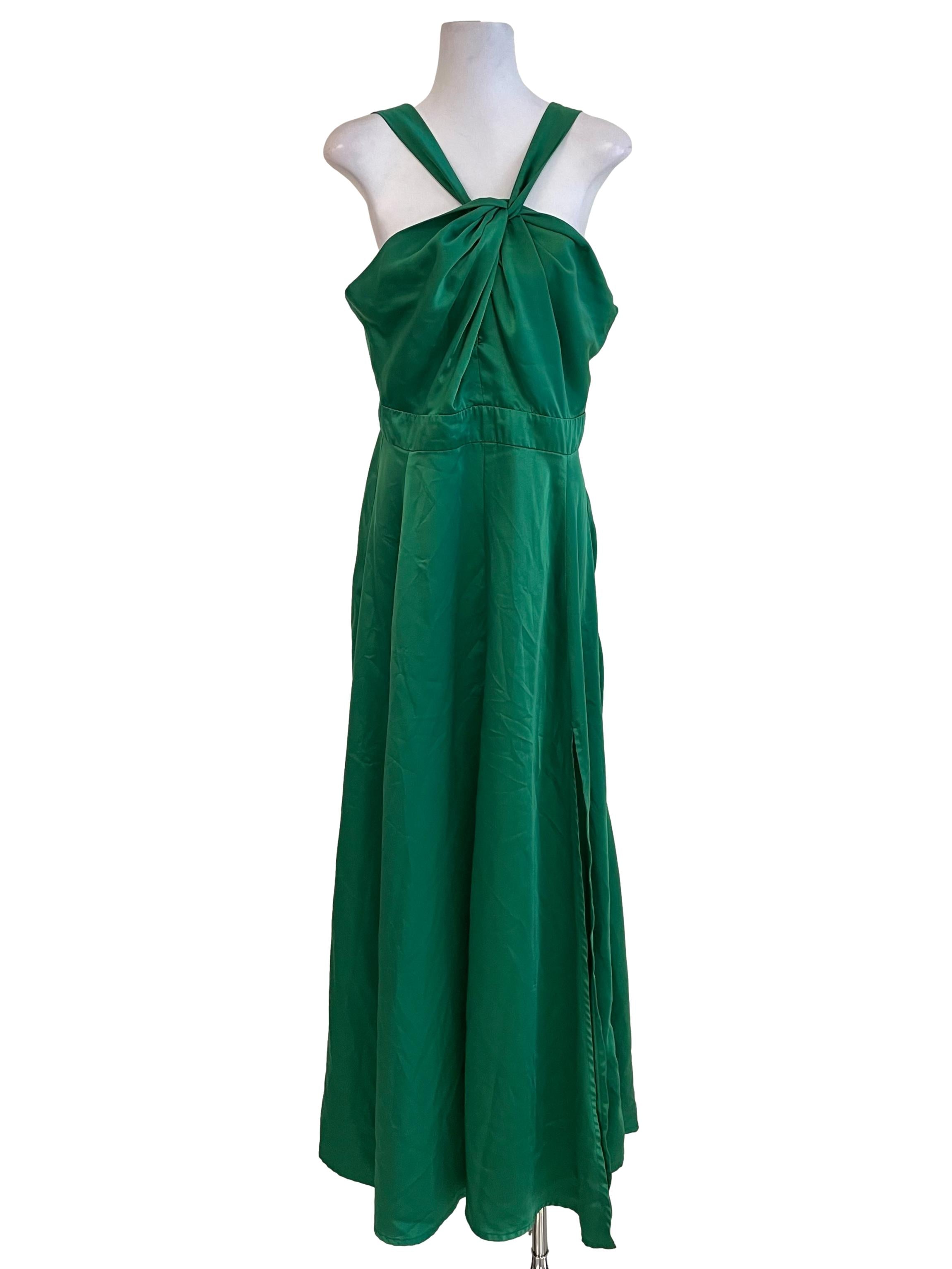 Emerald Satin Halter Neck Dress