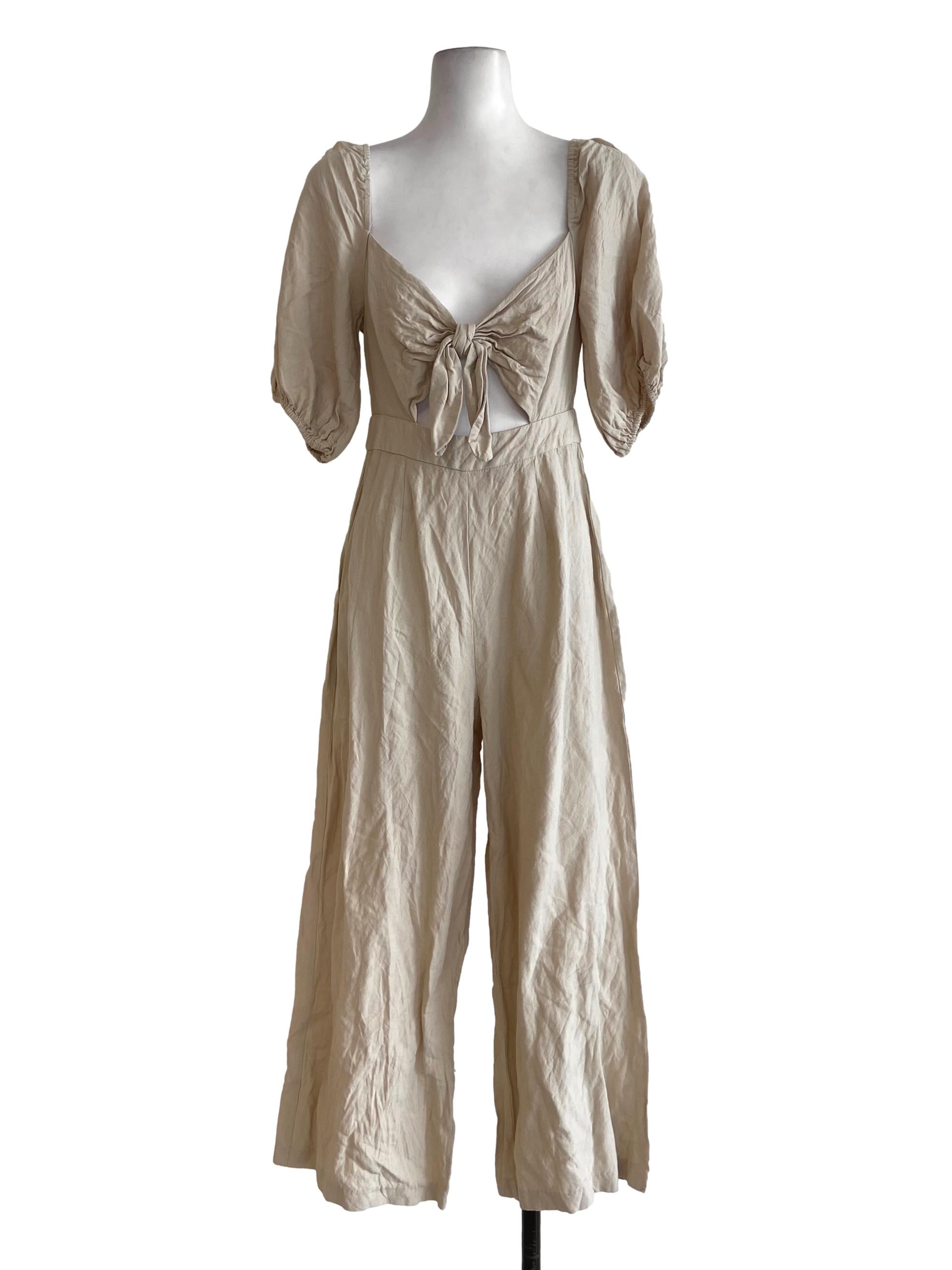 Parchment Beige Twill Front Knot Juliet Sleeve Jumpsuit