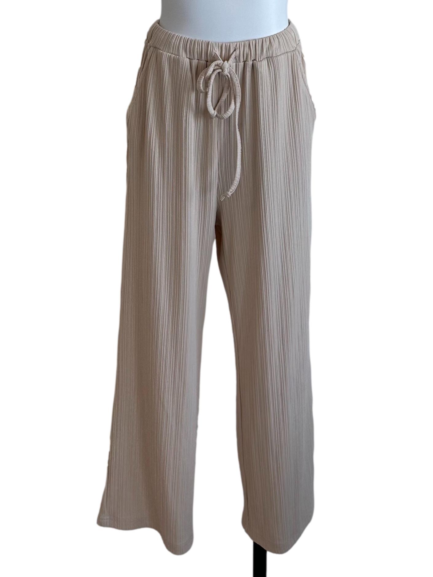 Sand Beige Textured Elastic Waist Pants