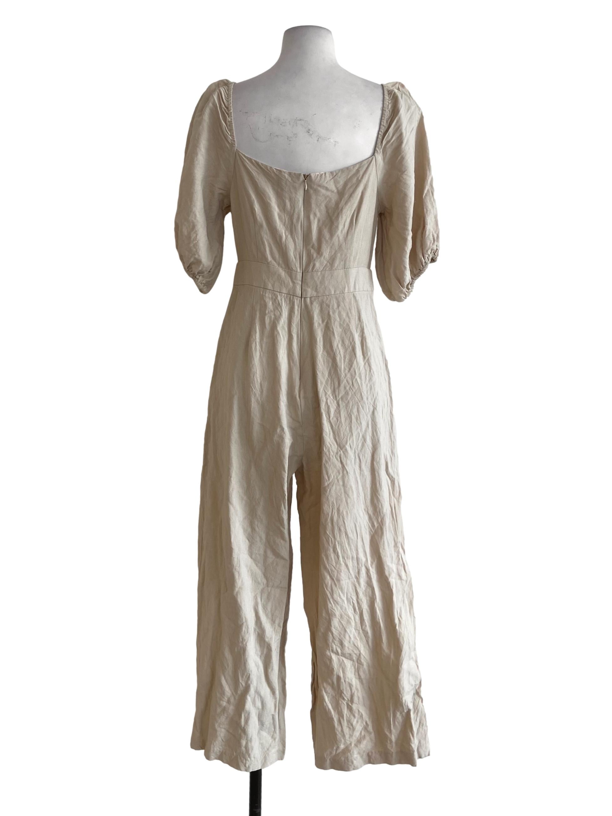 Parchment Beige Twill Front Knot Juliet Sleeve Jumpsuit
