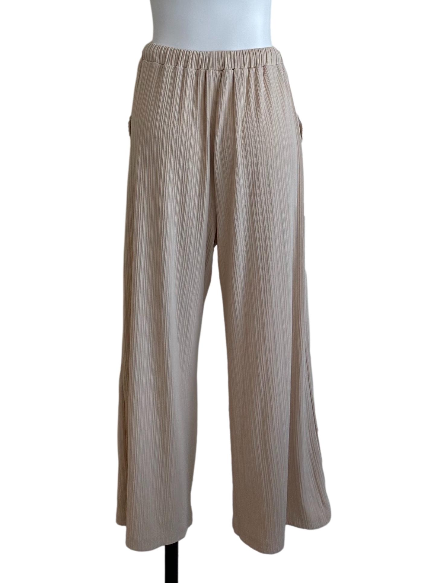 Sand Beige Textured Elastic Waist Pants