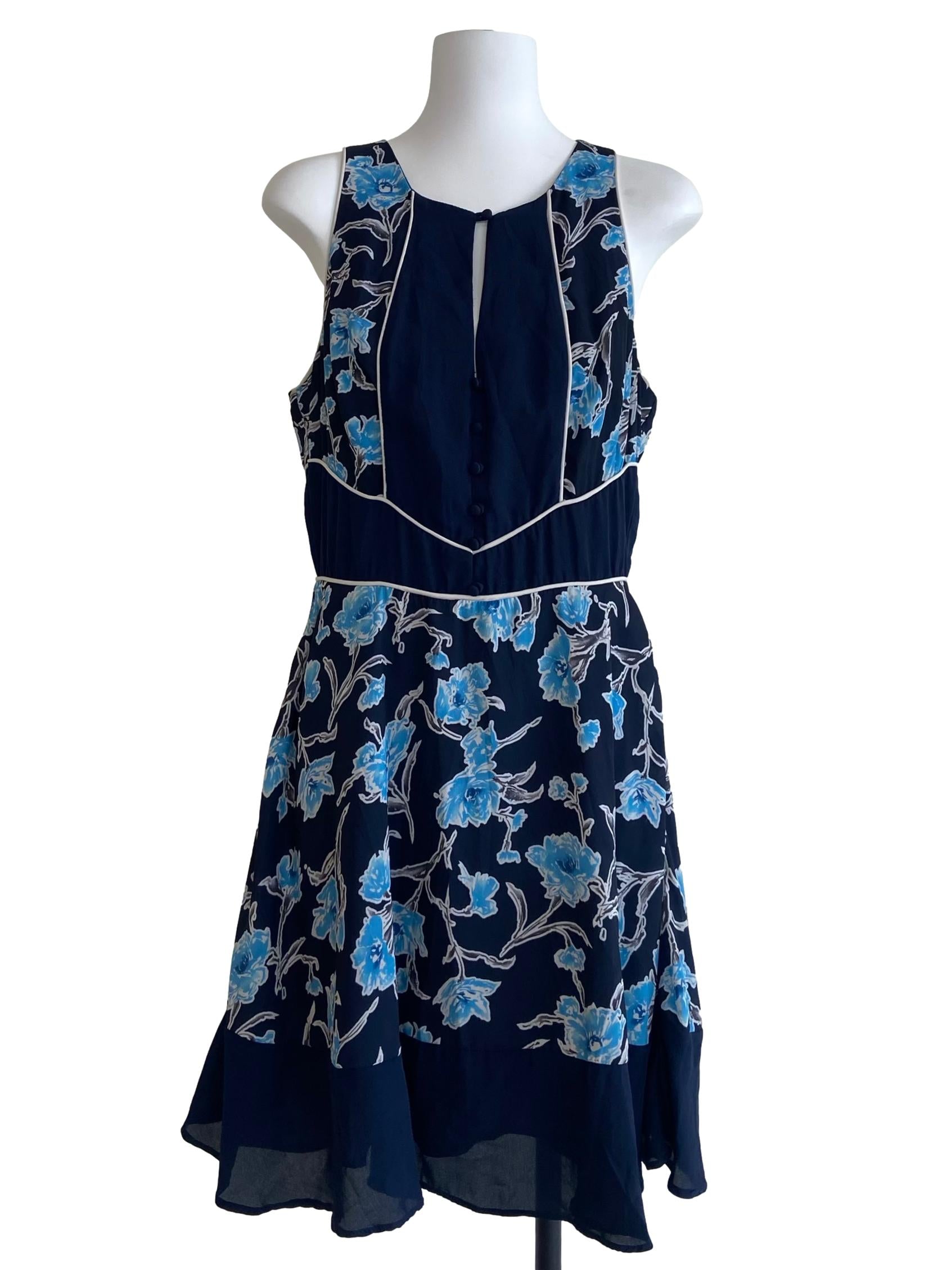 Navy Blue Floral Sleeveless A-Line Dress