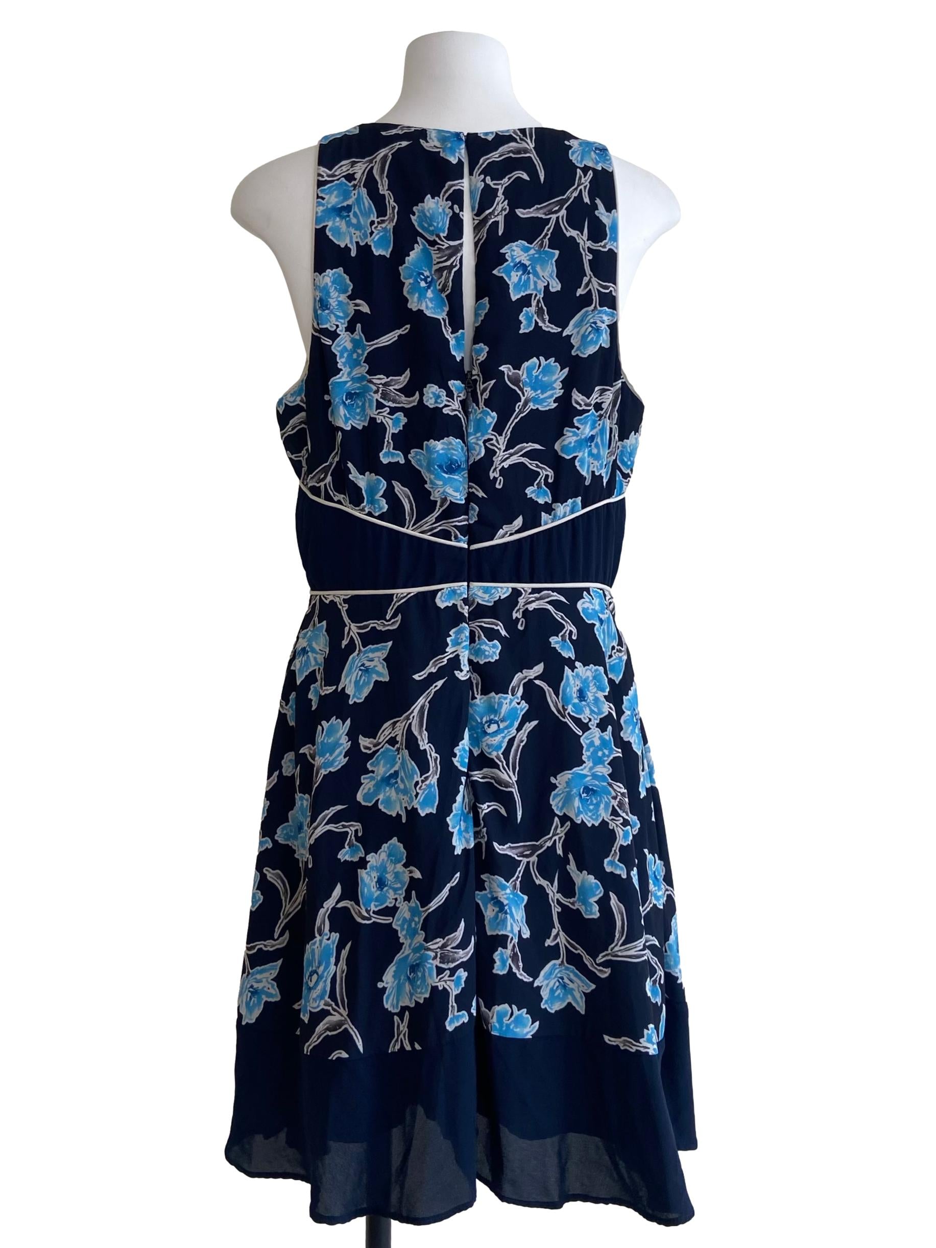 Navy Blue Floral Sleeveless A-Line Dress