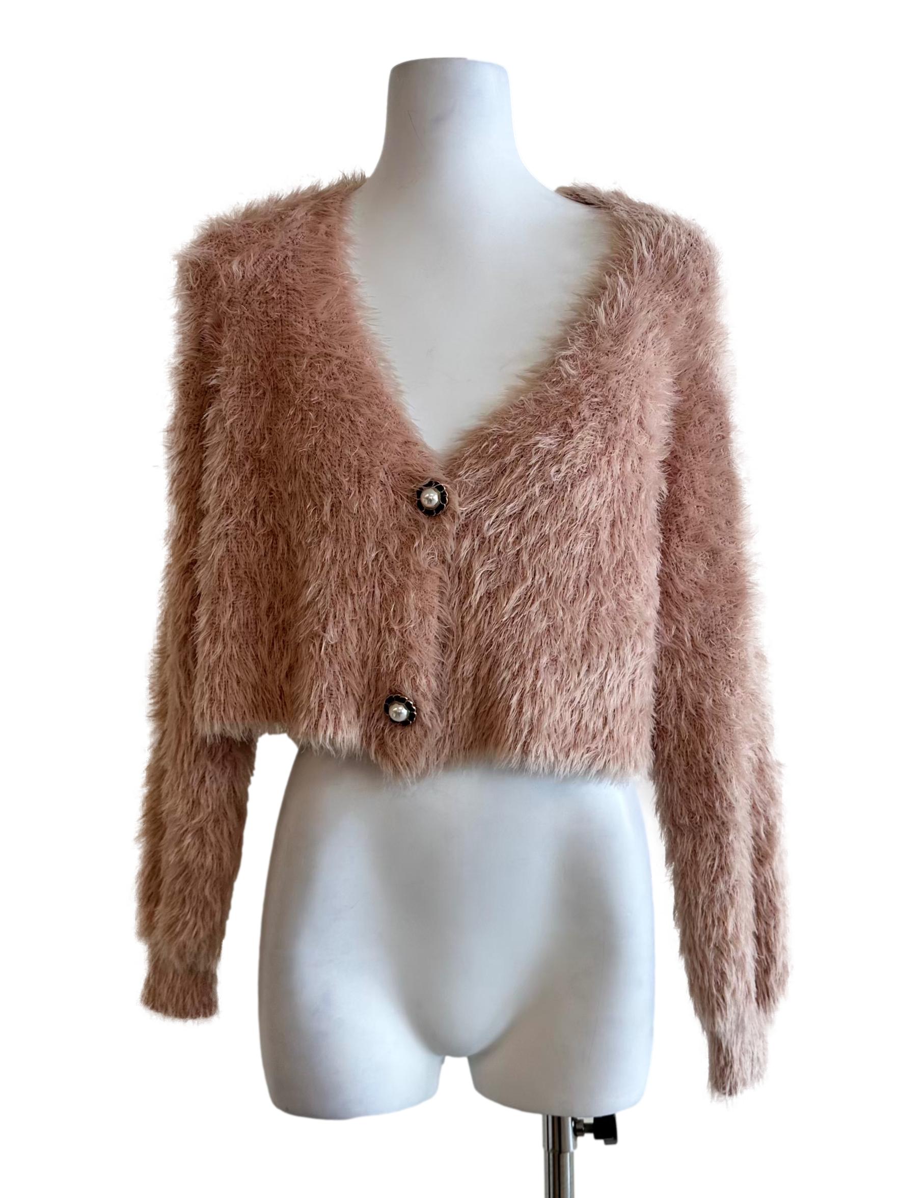 Peach Pink Fur Knit Cardigan