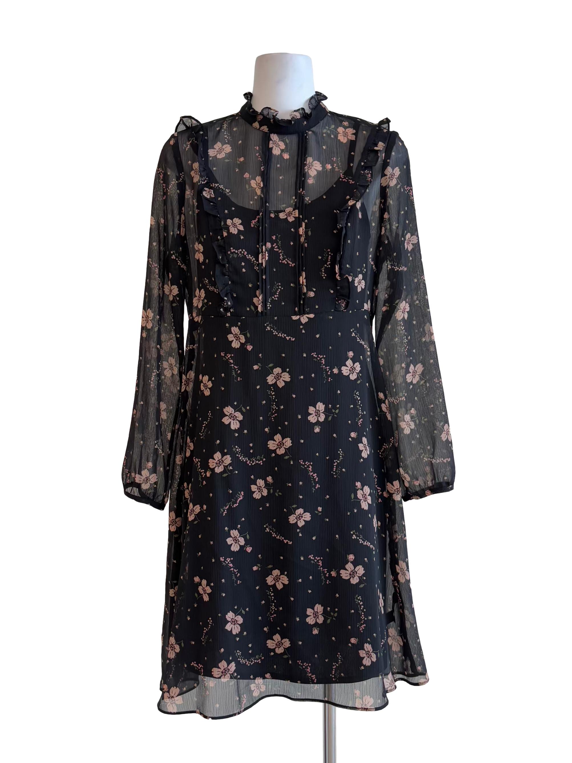 Soft Black Lined Floral Sheer Dress
