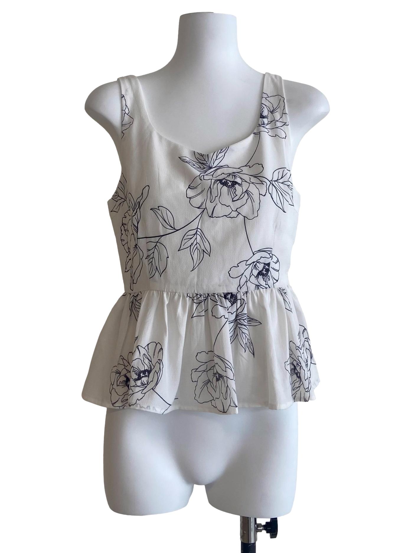 White Floral Sleeveless Peplum Top