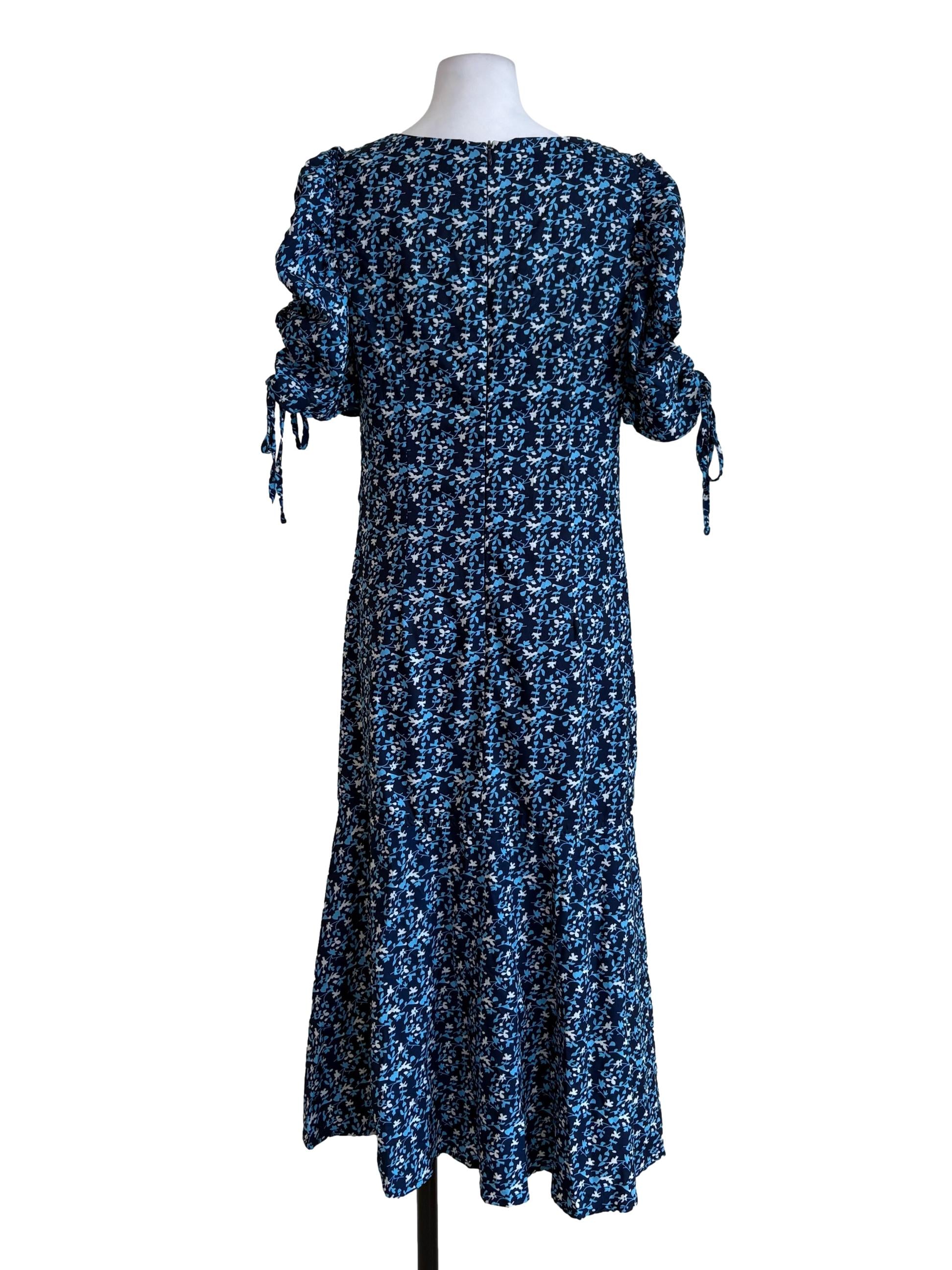 Navy Blue Floral Ruched Dress