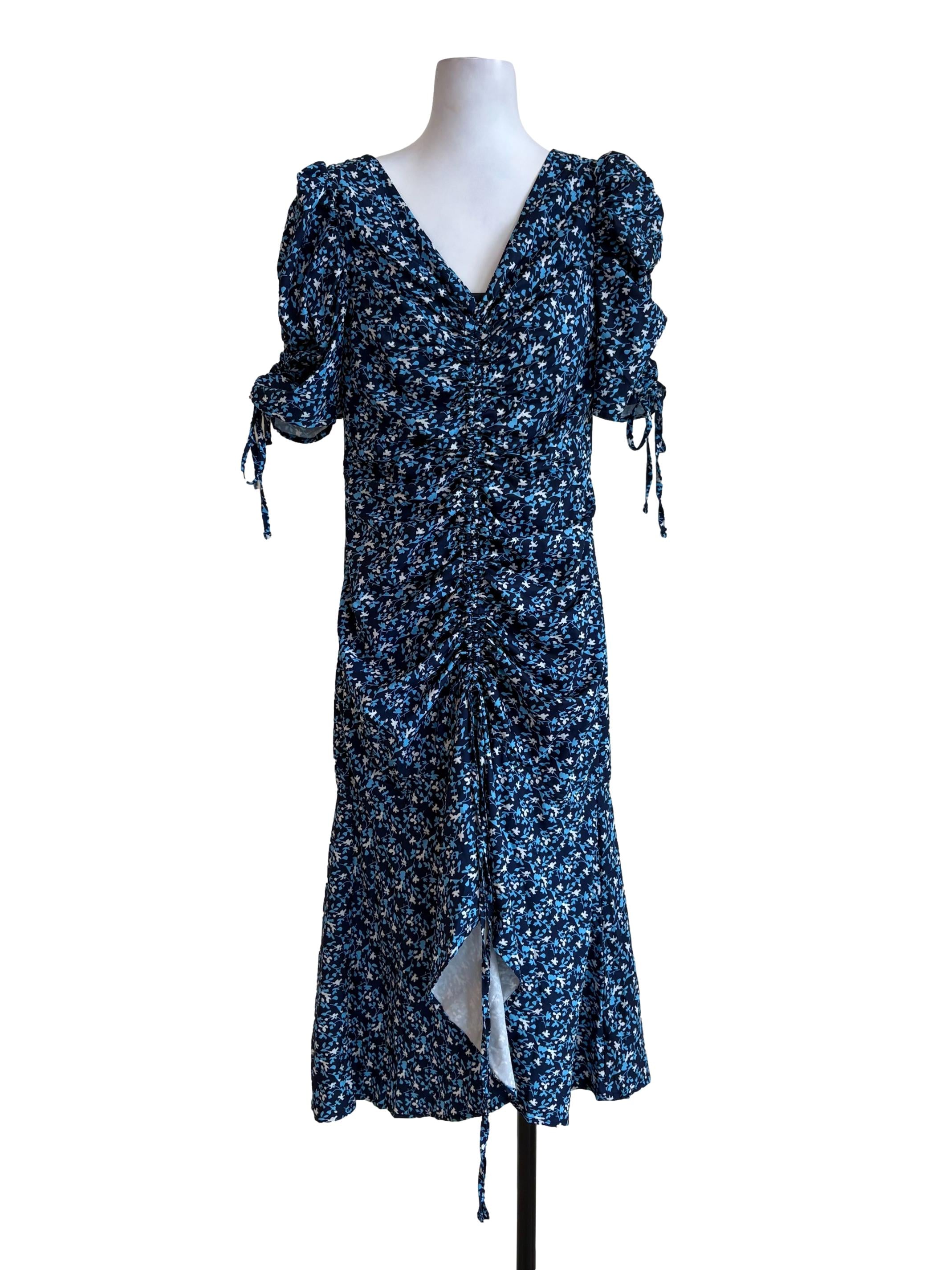 Navy Blue Floral Ruched Dress