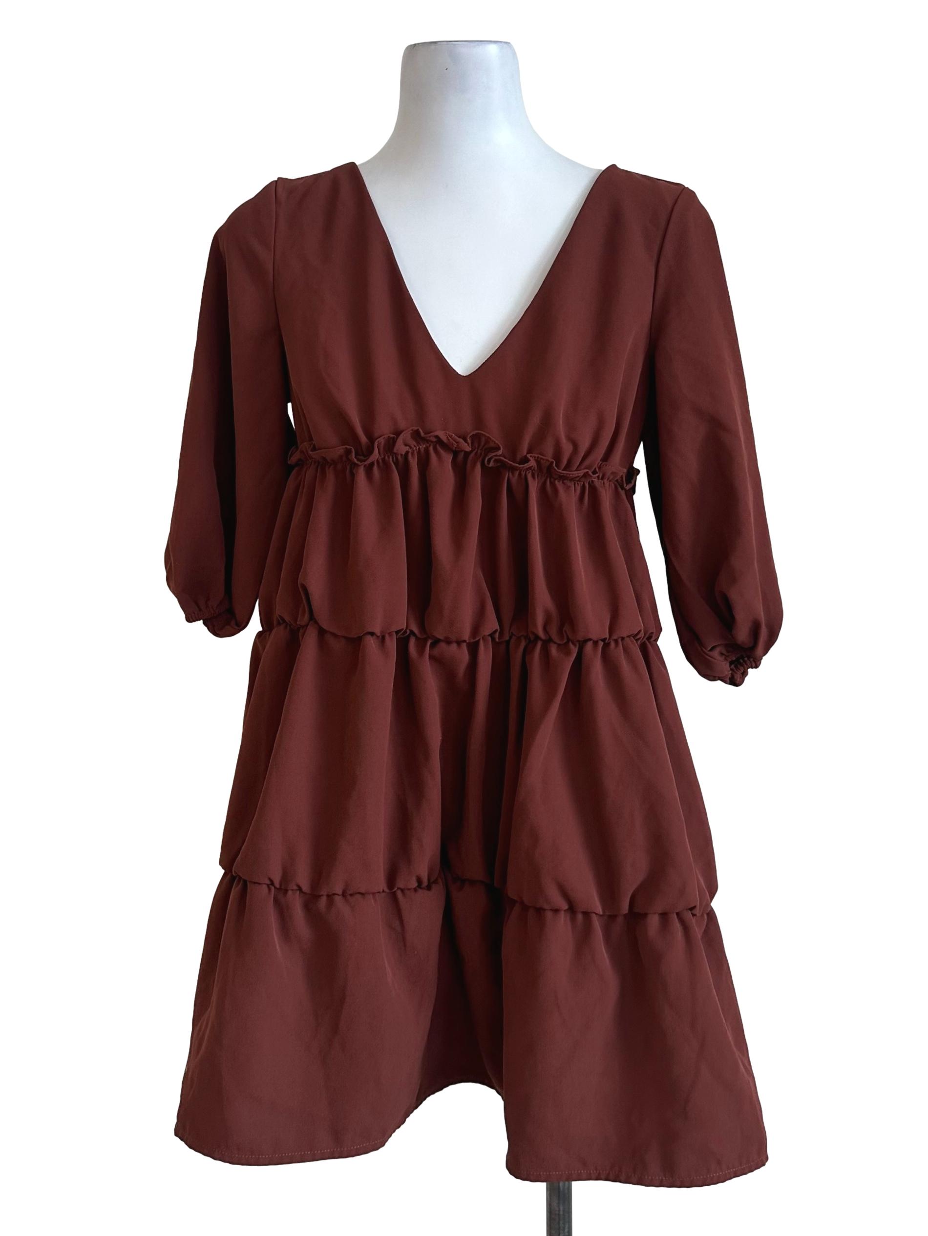 Brick Brown V Neck Tiered Dress