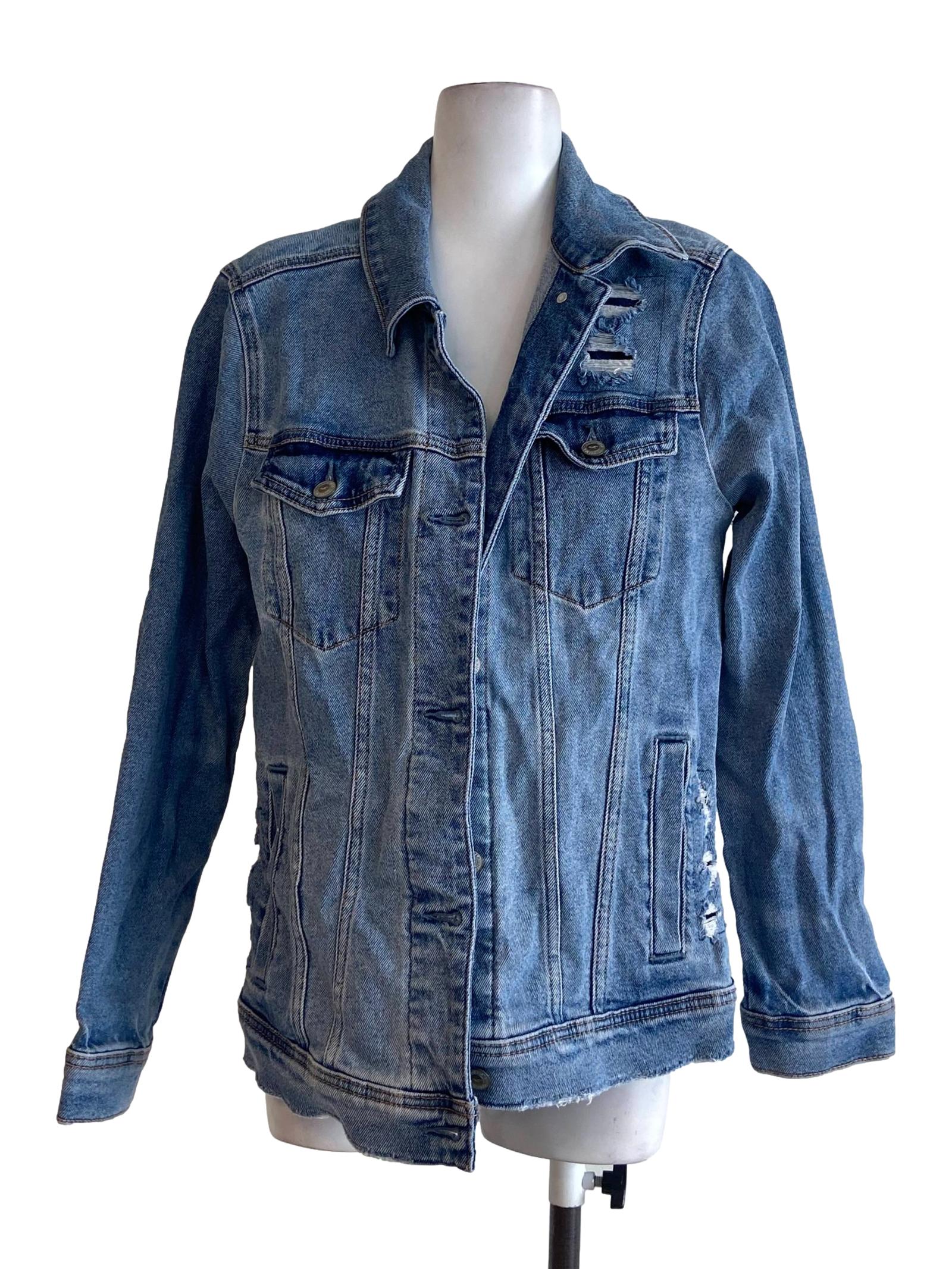 Blue Herringbone Distressed Denim Jacket
