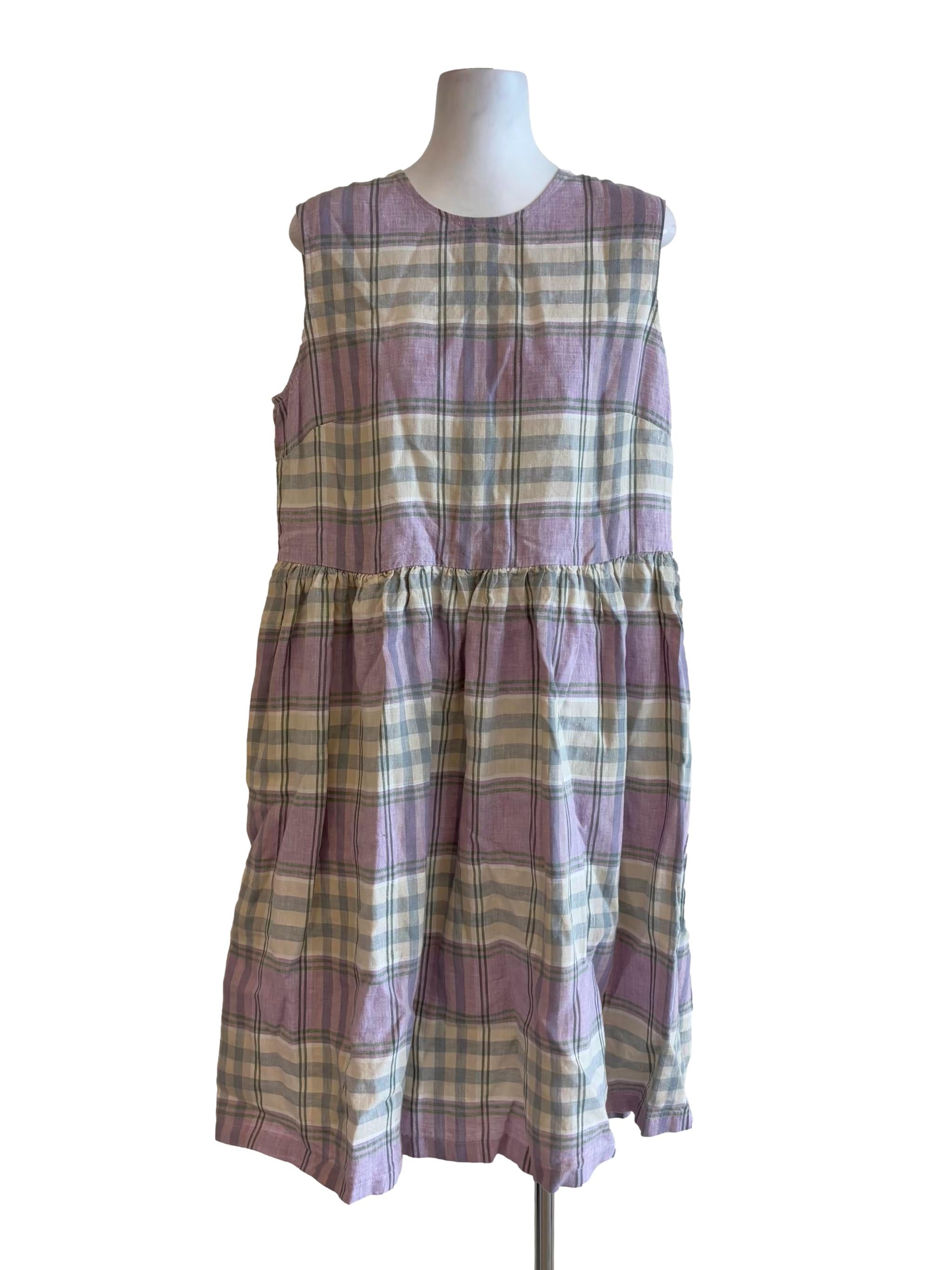 Lilac Green Plaid Sleeveless Linen Dress STH