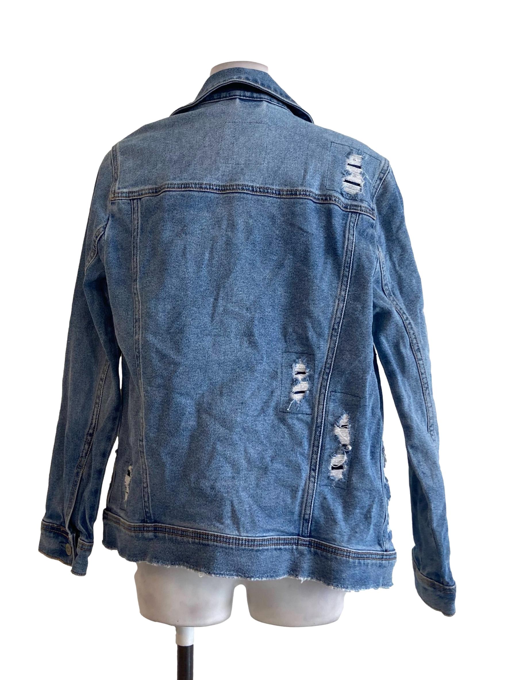 Blue Herringbone Distressed Denim Jacket