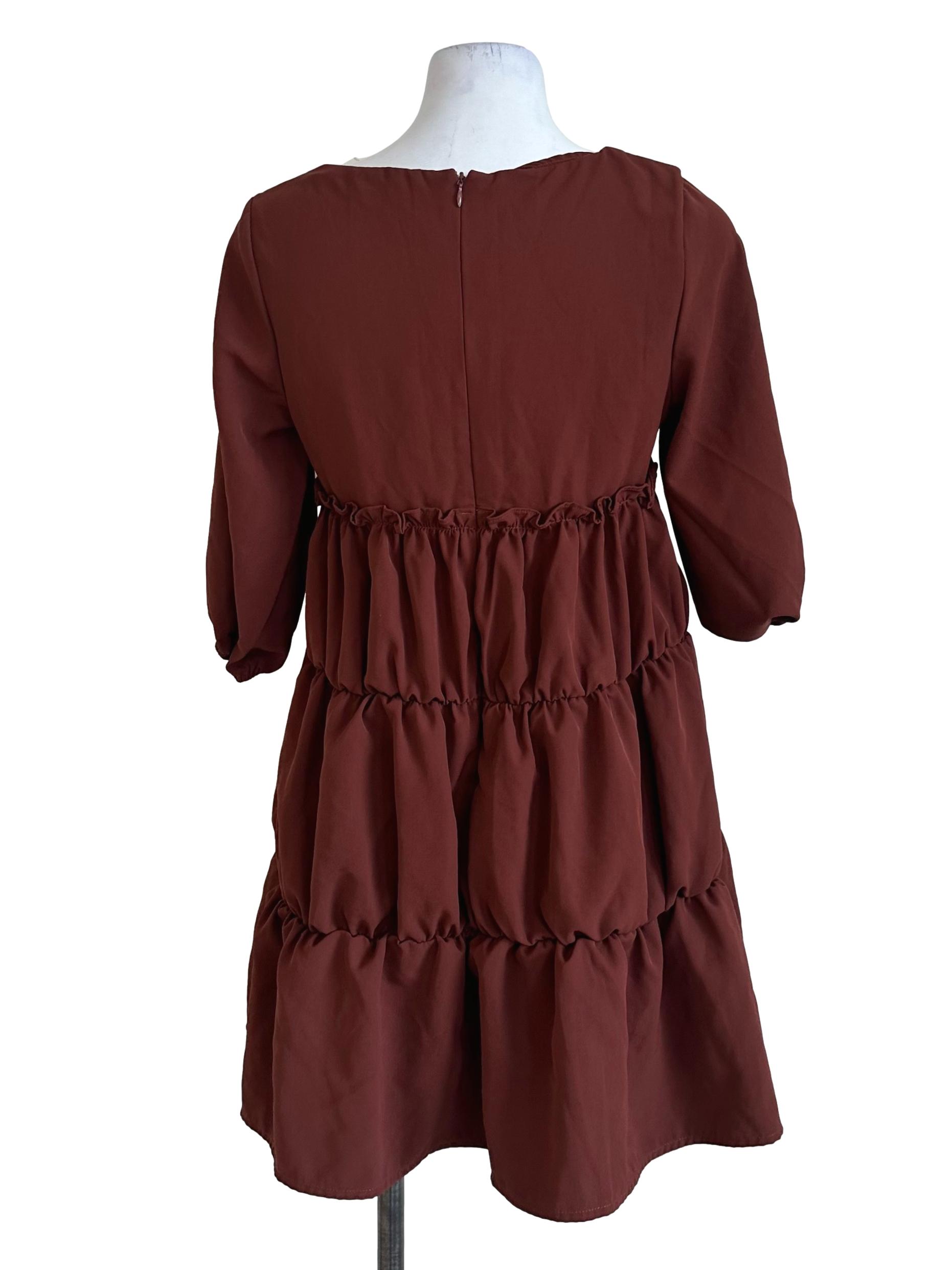 Brick Brown V Neck Tiered Dress