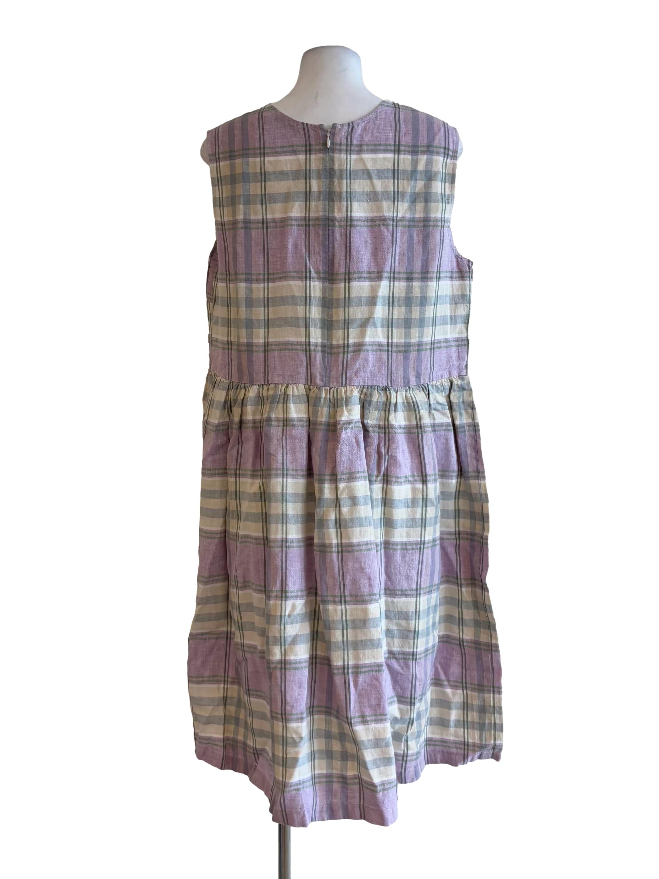 Lilac Green Plaid Sleeveless Linen Dress STH