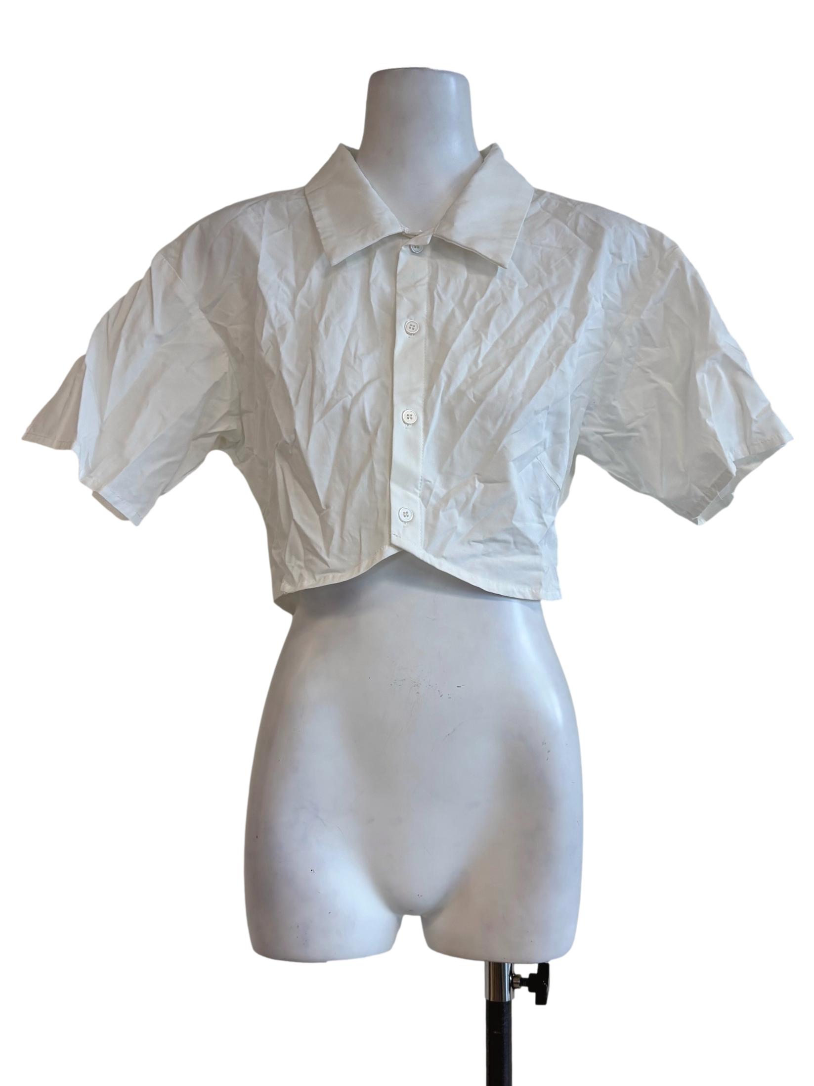 Powder White Short Sleeve Button Top