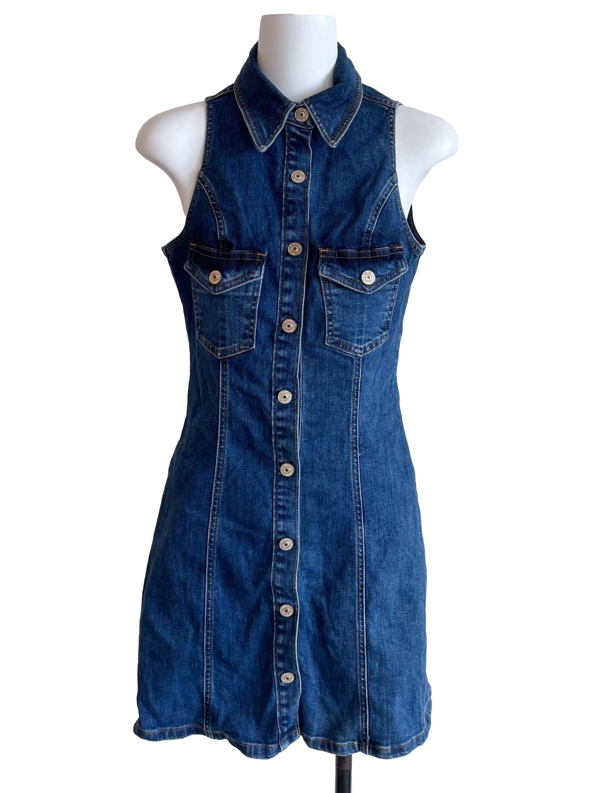 Blue Button Sleeveless Denim Dress